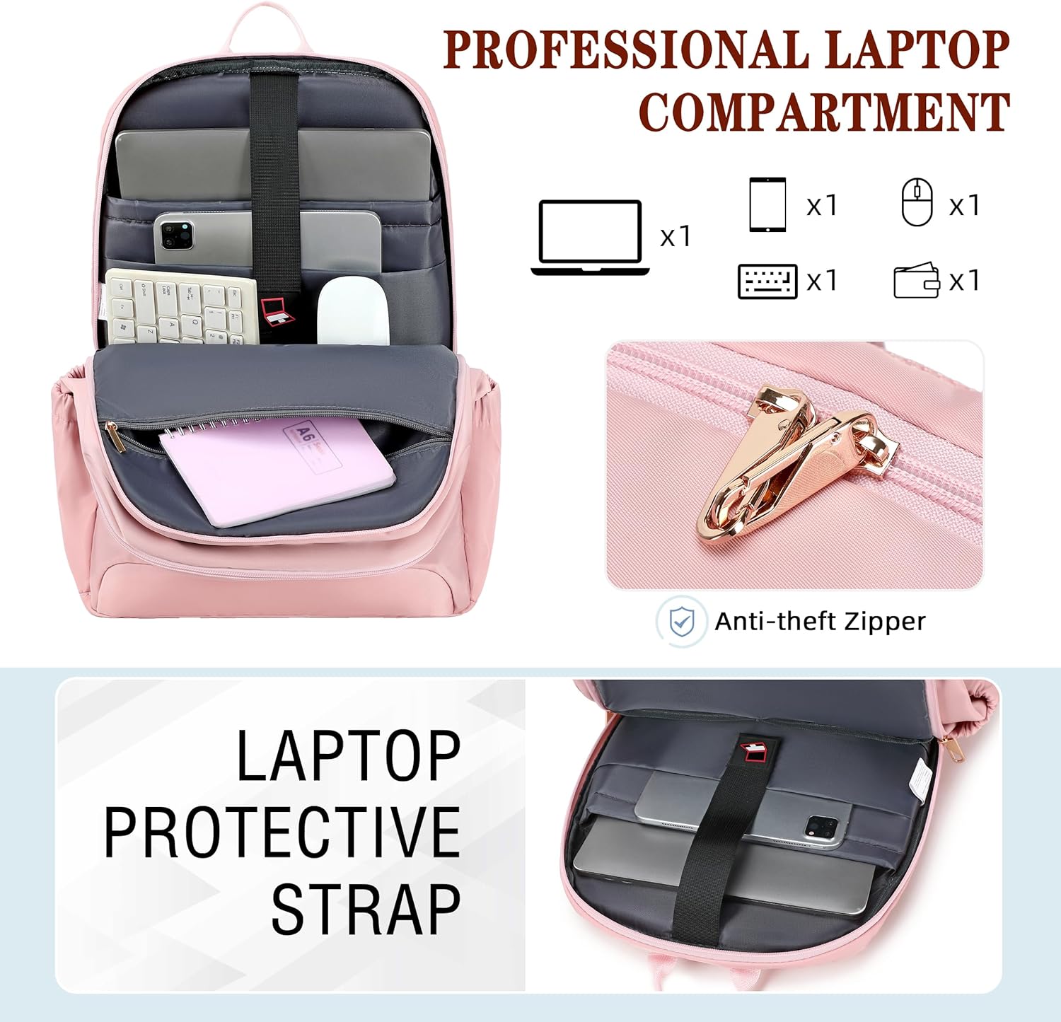 Travel Laptop Backpack for Women 15.6 Inch Computer Backpacks with USB Charging Hole Anti Theft Carry on Bag College Bookbag Large Pink Back Pack for Work Business Traveling Commuter Daypack-Pink - Image 2