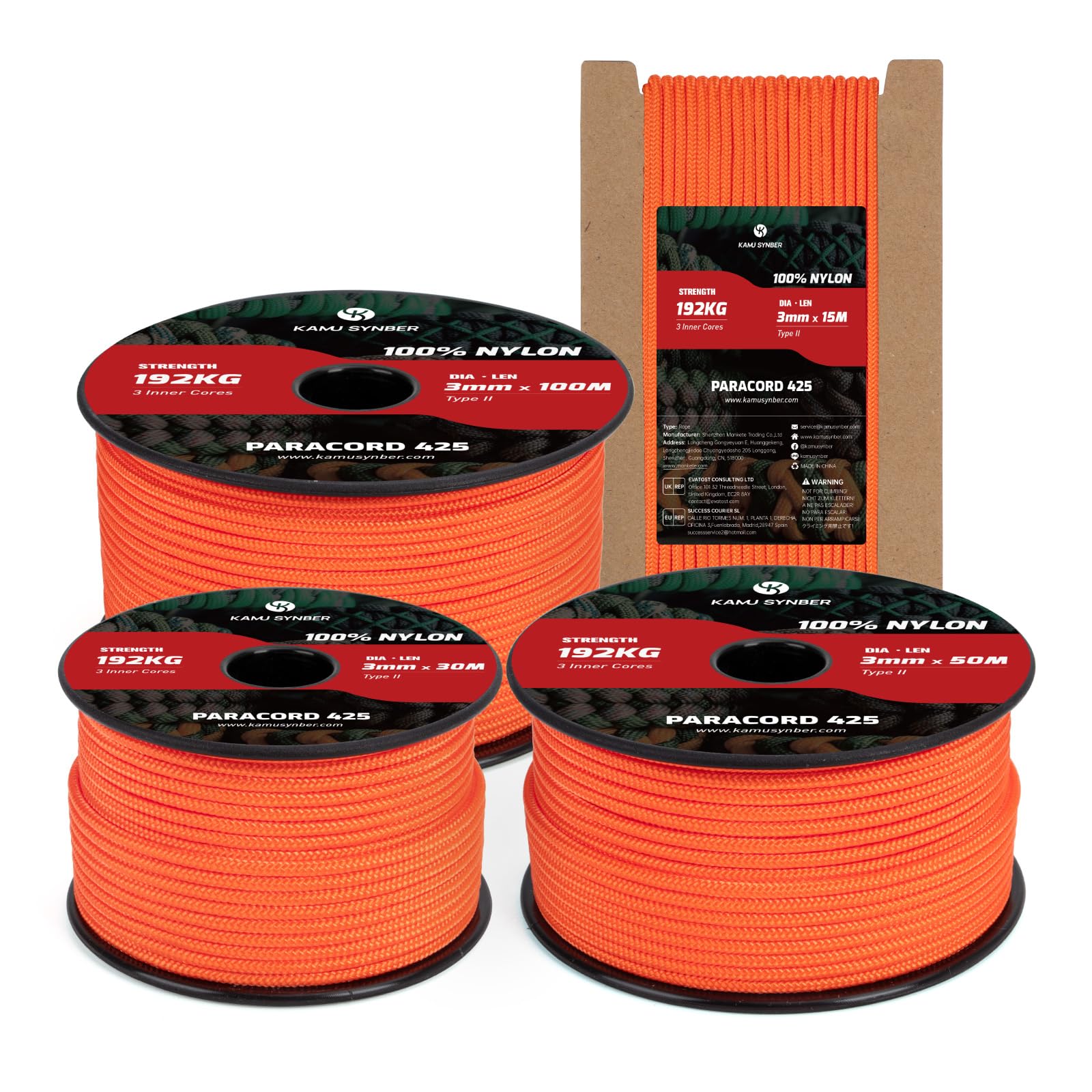 Paracord 3mm x 15m 100% Nylon Cuerda Paracord 425 Tipo II 3 Hebras Cuerda Resistente para Todo Uso, Exterior, Bricolaje | Soporta 192kg | Naranja