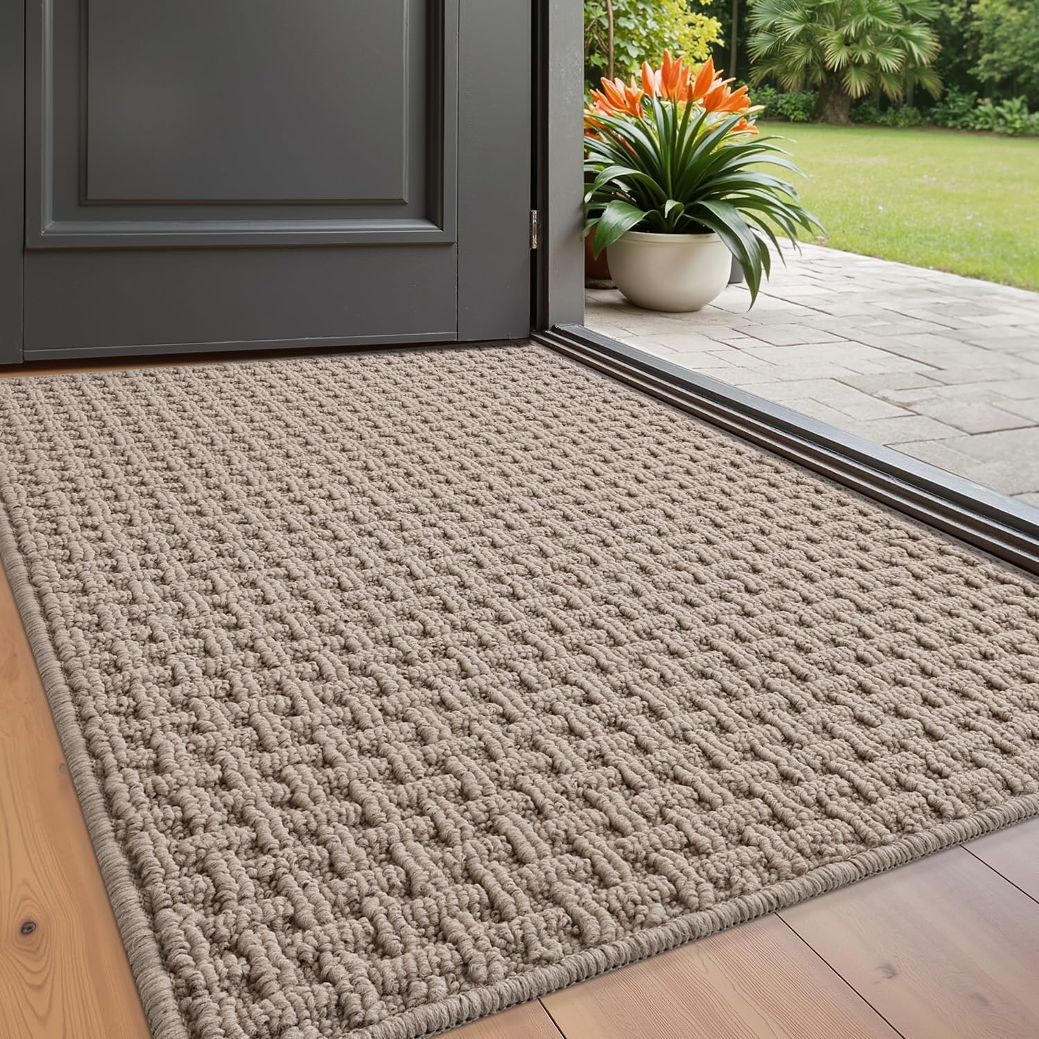 LUMI Washable Door Mat Indoor Entrance 24x36, Dirt Trapper Front Door Mats with Absorbent Interior and Non-Slip Rubber Backing, Entryway Doormat, Beige