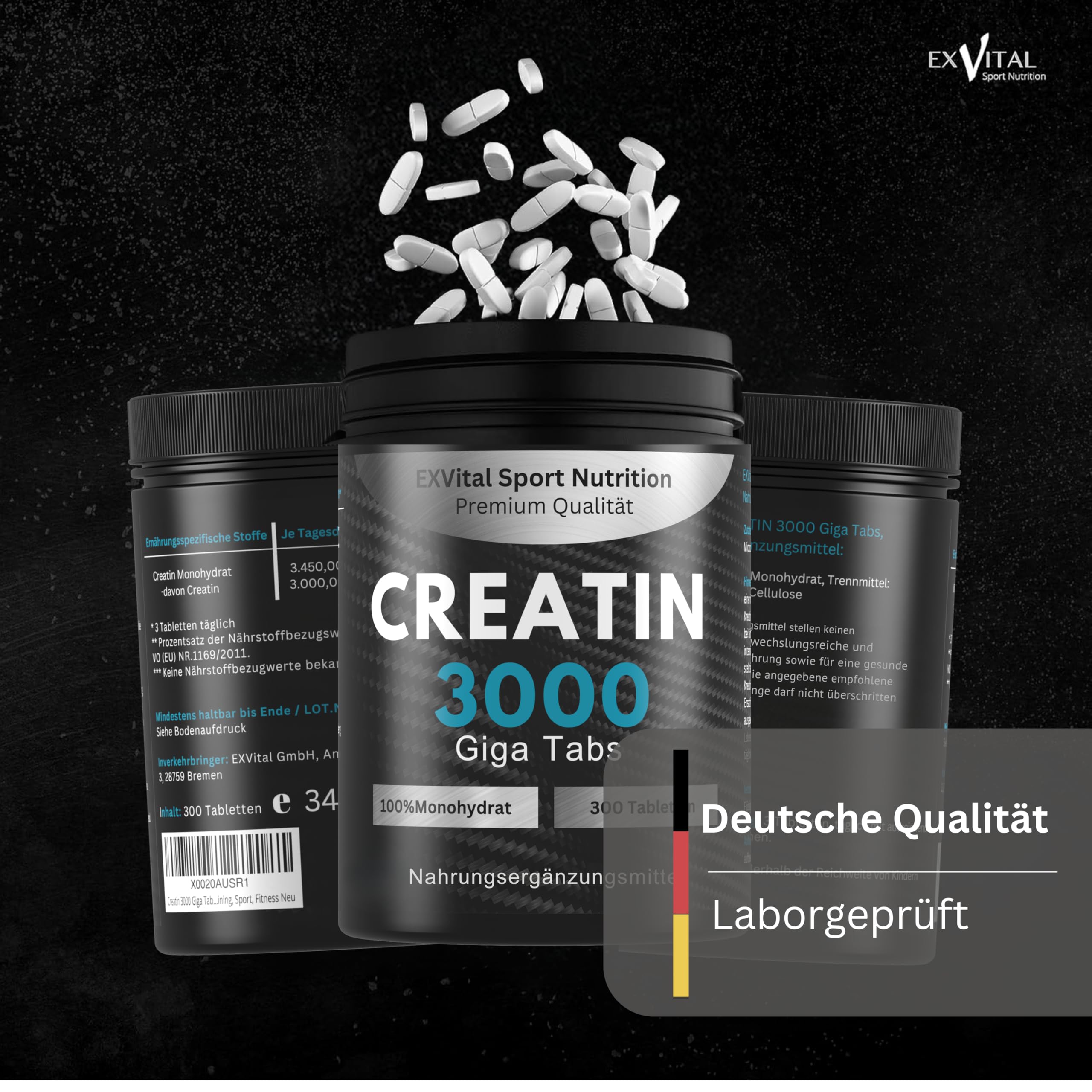 Creatin 3000 Giga Tabs, 3450mg Creatin Monohydrat pro Tagesdosis, 300 vegane Tabletten, Alternative zu Kreatin Kapseln & Pulver, Training, Sport, Fitness