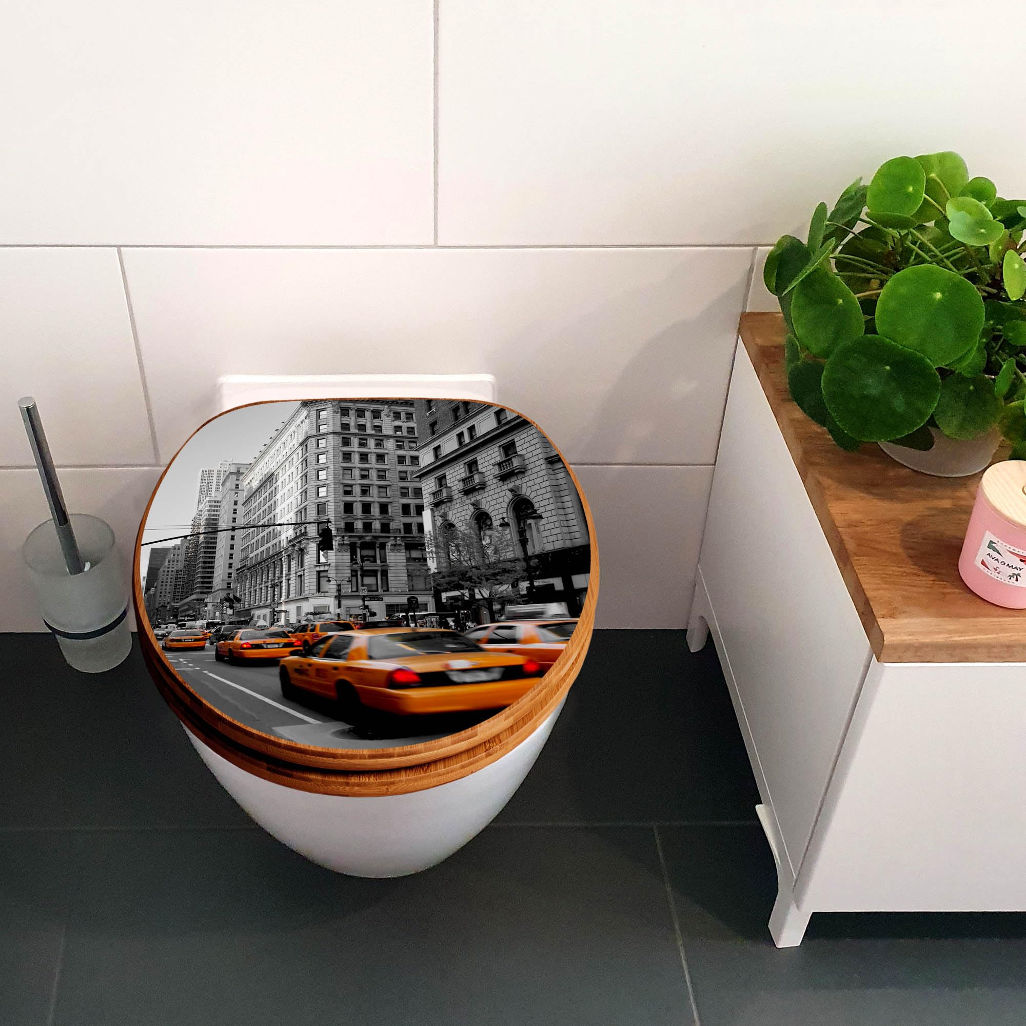 banjado Design WC Sitz Bambus Absenkautomatik 45,8x37,5cm - Toilettendeckel mit Absenkautomatik Holz - hochwertiger Bambus Klodeckel - WC-Sitz für gängigen Toiletten - Motiv New York Taxi
