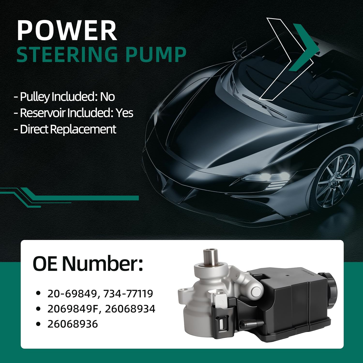 20-69849 Power Steering Pump with Reservoir for Chevrolet Camaro 1998 1999 2000 2001 2002, for Pontiac Firebird 1998-2002, V8 5.7L Engine - Replaces OE 2069849F, 26068934, 26068936, 734-77119