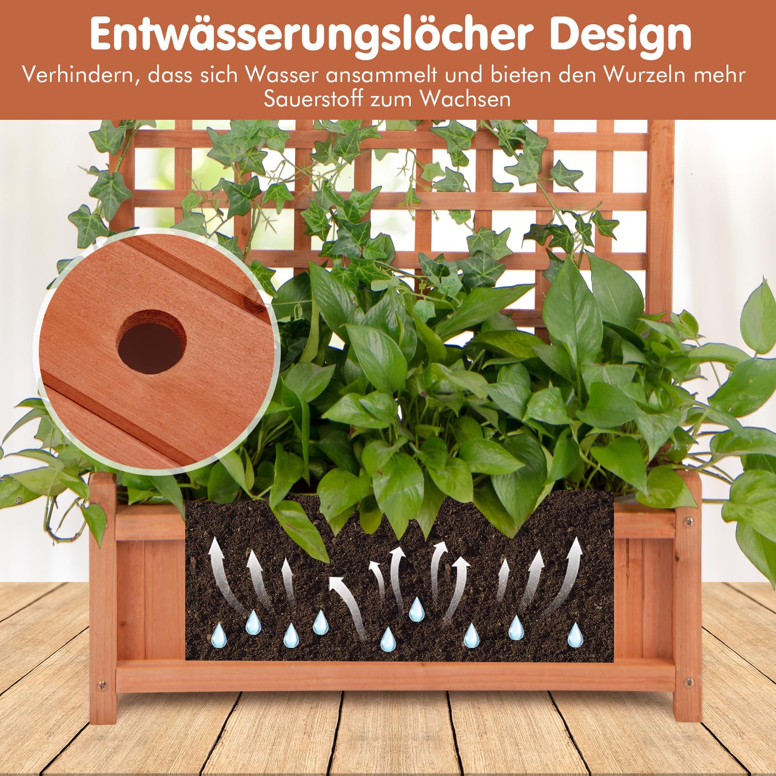 GOPLUS Blumenkasten mit Rankgitter, Pflanzkasten Holz mit Dach & Sichtschutz, Hochbeet mit Spalier für Kletterpflanzen, Gartenbeet mit Drainagelöchern, Pflanzkübel für Balkon & Garten, 75x33x183 cm