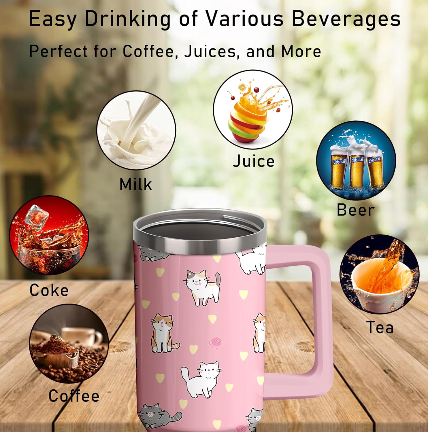 40oz Cute Cat Tumbler with Handle and Straw, Stainless Steel Insulated Cup with Lid, Travel Coffee Mug Water Bottle, Birthday Mothers Day Gifts for Women Men Animal Lovers