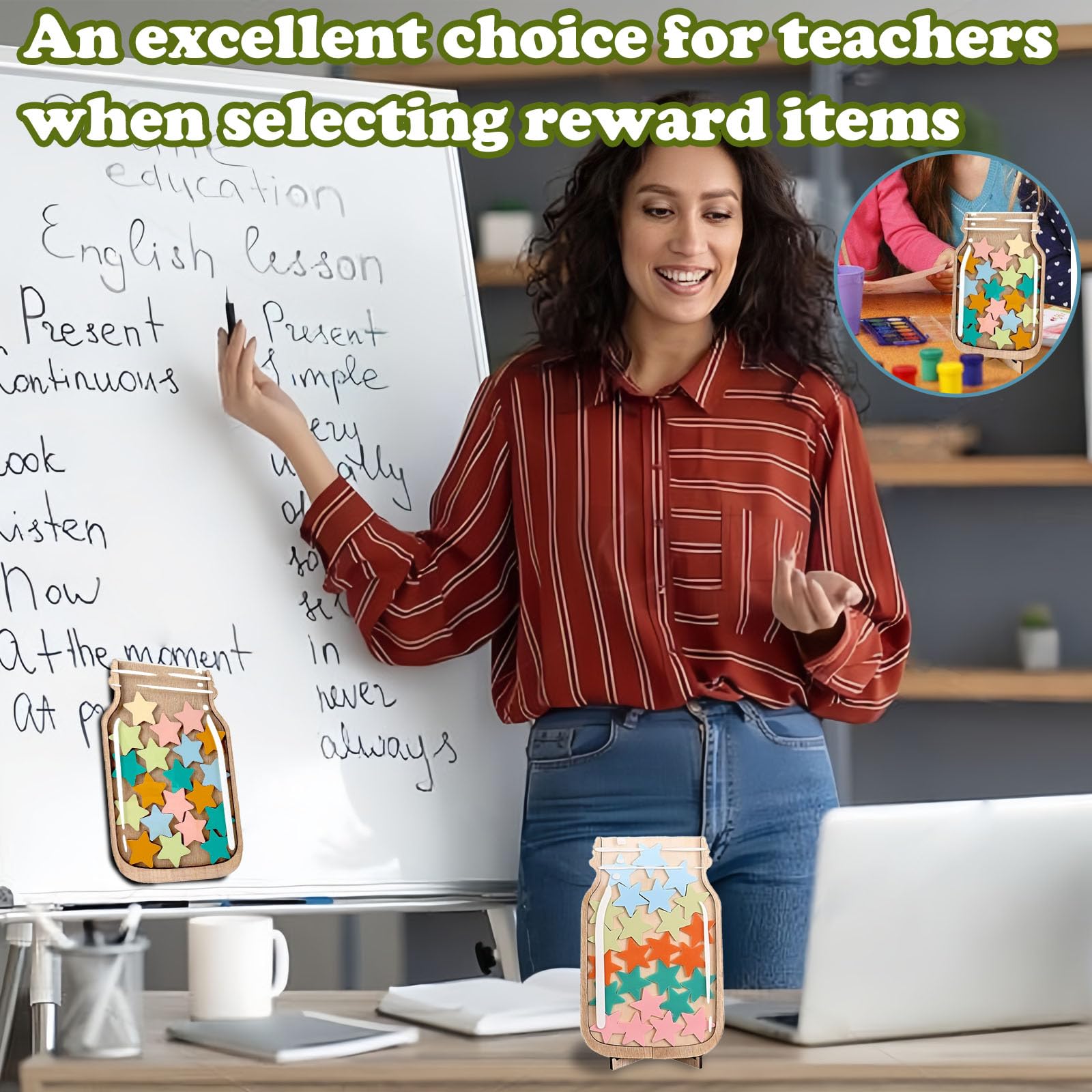 Barattolo Premio per Bambini in Legno con 25 Stelle Colorate 2.8 cm e Supporto Magnetico – Contenitore educativo per Buone abitudini casa e Scuola