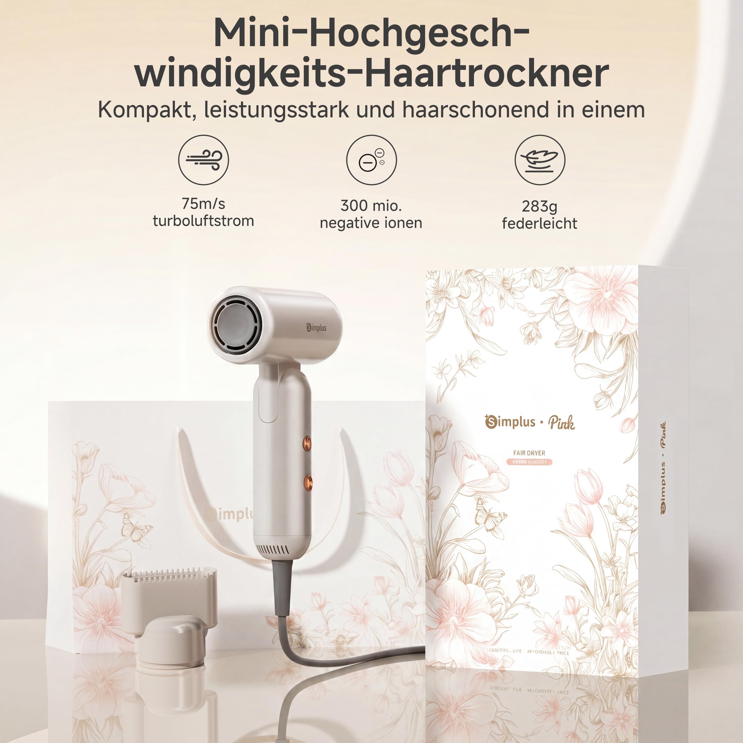 SIMPLUS Haartrockner Ionen Föhn Mini Reisefön Faltbar mit 110.000 U/min Motor 70m/s Schnelles Trocknen 300 Millionen Negativ-Ionen 8 Modi NTC Hitzeschutz für Zuhause und Reisen