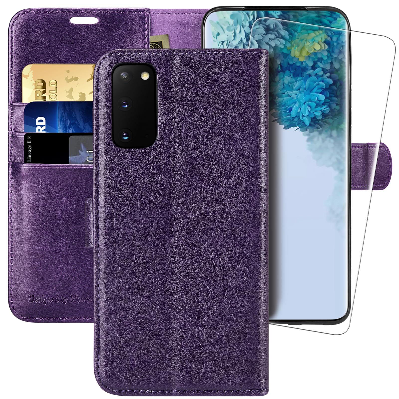 MONASAY Wallet Case Compatible for Galaxy S20 FE 5G, 6.5 inch [Screen Protector Included][RFID Blocking] Flip Folio Leather Cell Phone Cover with Credit Card Holder, Purple