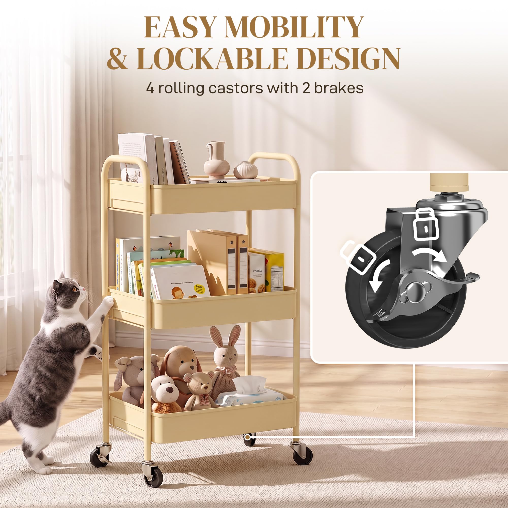 HOMCOM Carrito de Almacenamiento de 3 Niveles con Ruedas, Carrito de Almacenamiento de Metal, Carrito de Ultility con 3 cestas de Malla para Sala de Estar, Cocina, Color Amarillo