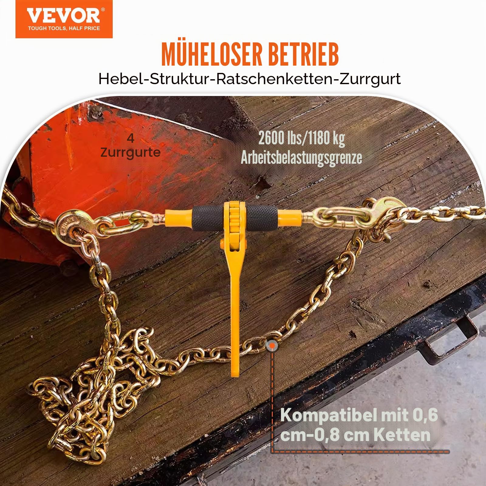 VEVOR Ratschenlastspanner, 6,3-8 mm, 1180 kg sichere Arbeitslast, 4er-Set Lastbinder mit 2 Greifhaken, Kettenspanner für Transportketten, Hochleistungs-Abschleppketten-Ratschenkettenbinder