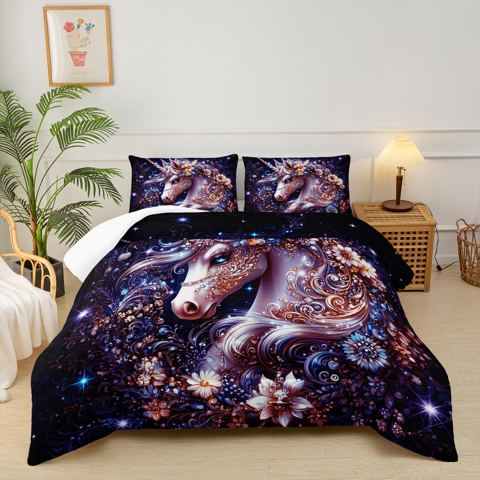 Black Unicorn Comforter Set Queen Size，Unicorn Floral Queen Bedding Set for Girls，with 1 Comforter with 2 Pillow Case
