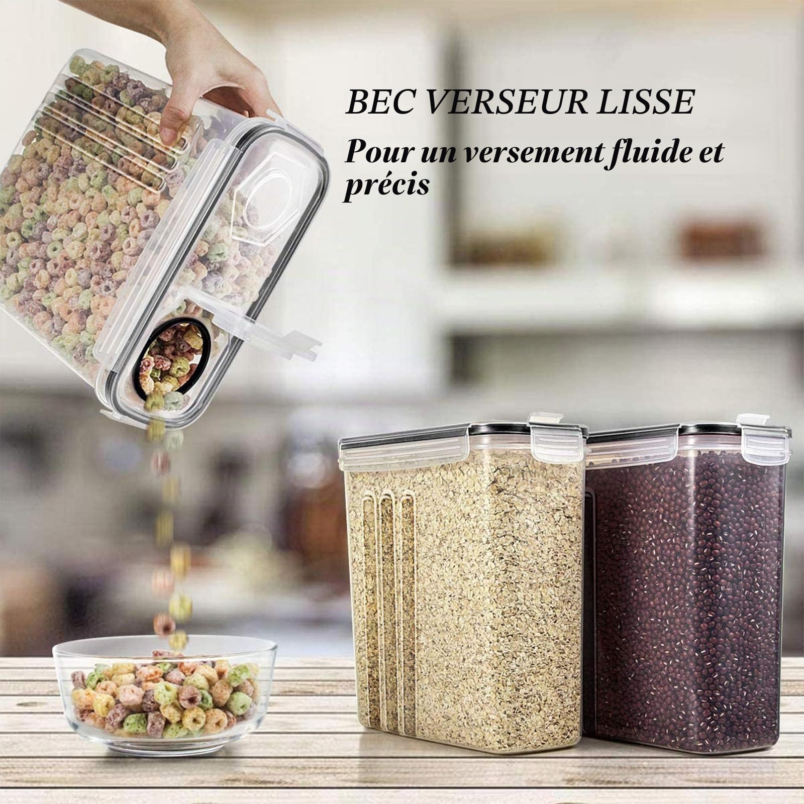 Wildone Lot de 8 récipients hermétiques pour céréales et aliments secs - capacité de 2,5 L pour sucre, farine, etc - couvercles anti-fuites noirs