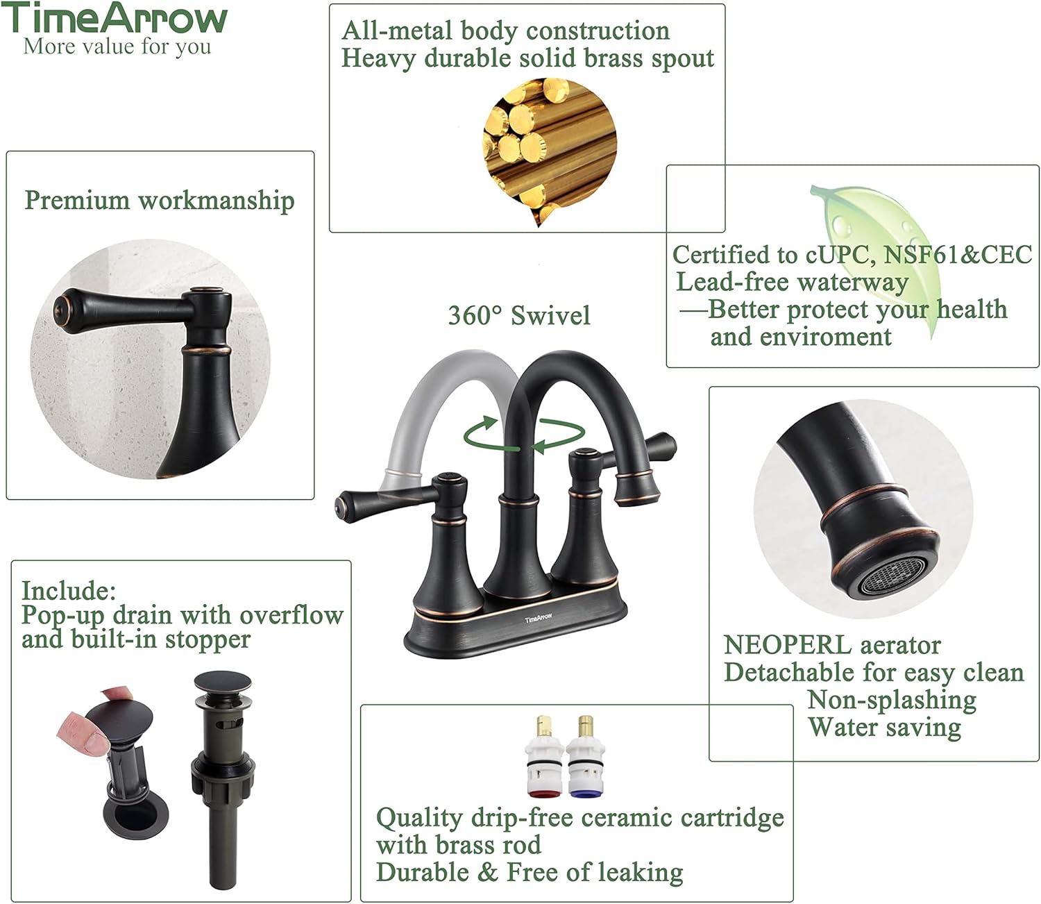 Oil Rubbed Bronze 2 Handle Centerset Bathroom Sink Faucet with Pop up Drain, High Arc Modern 4 Inch Bathroom Vanity Lavatory Faucet for 3 Holes with Brass 360° Swivel Spout, TAF067Y-ORB