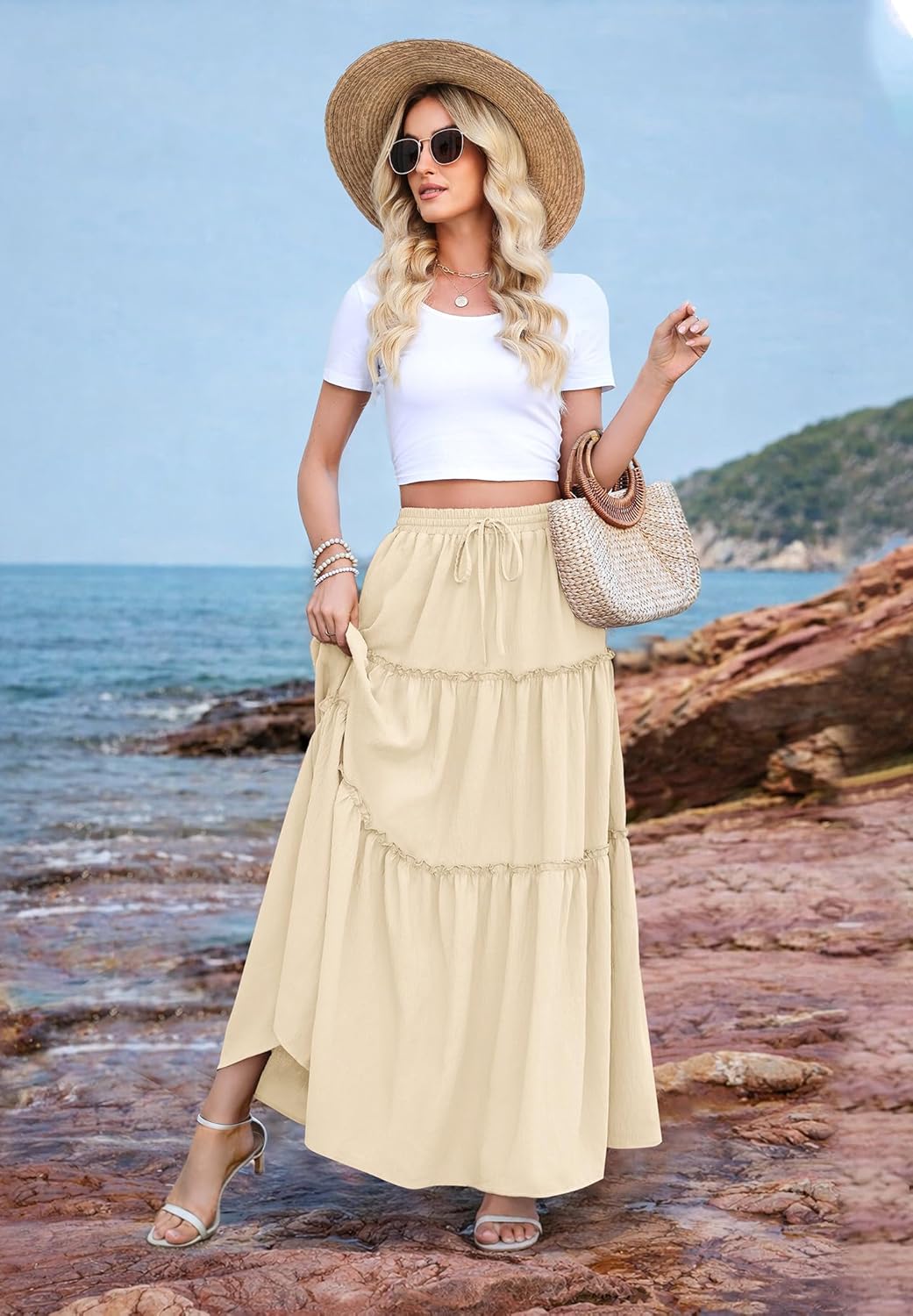 WEACZZY Womens Casual High Waisted A-Line Maxi Skirts Trendy Flowy Layered Pleated Long Skirt with Pockets - Image 3