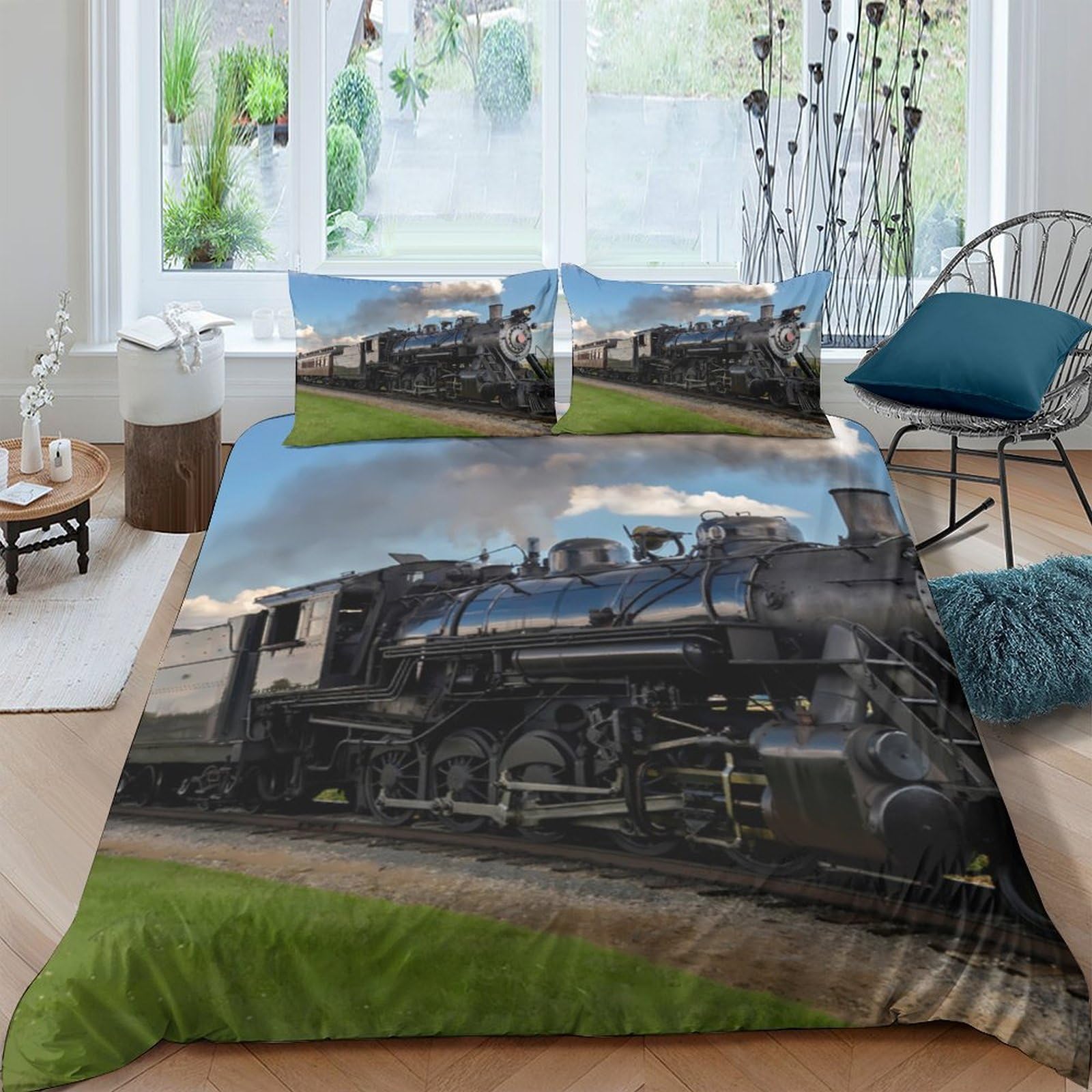 Ctjqhvkz Style-10 3D Printed Steam Train Track Fitted Sheet Microfiber Soft Breathable Locomotive Bed Cover For Bedroom Decor Single（135X200cm）
