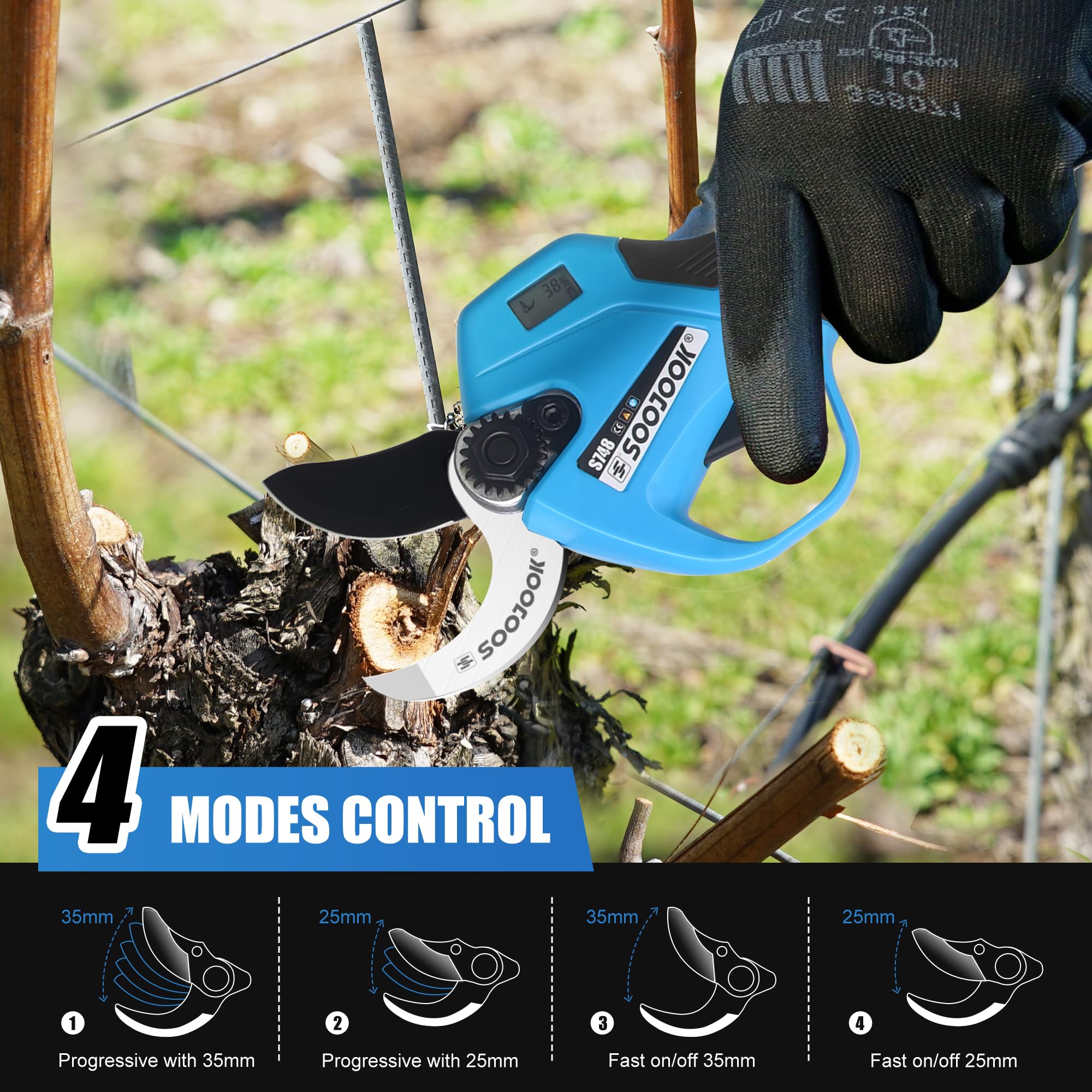 Tijeras de Podar Electricas 35mm - S748 Tijeras de Podar Bateria con Control Progresivo, 2×4000mAH Batería de Litio Tijeras de Podar Profesionales para Olivos, Viñedos y Agricultura