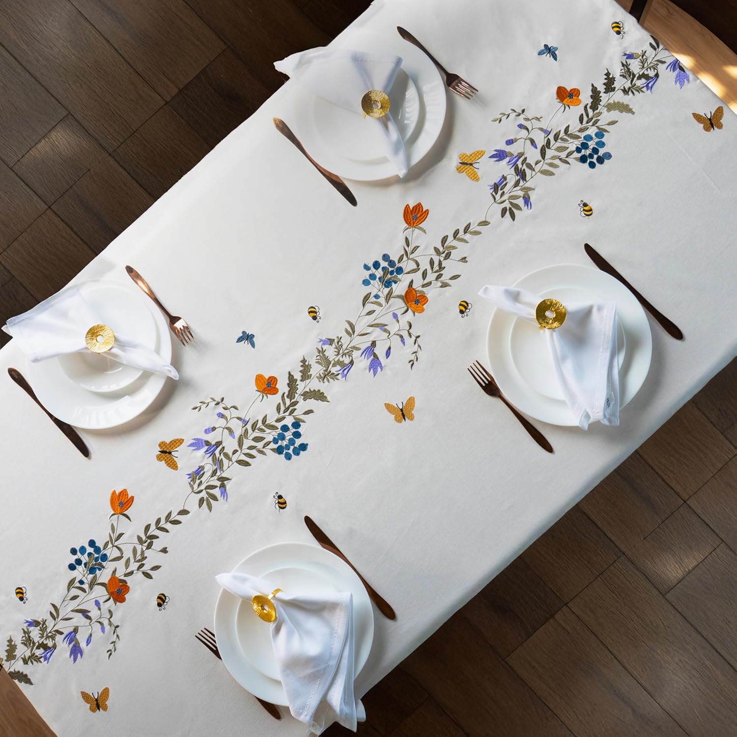 Embroidered Cotton Tablecloth 60 x 90 Inch Rectangle – Washable & Colorfast Table Cover for Dining Room, Farmhouse, Kitchen, Home, Party & Wedding Décor - Flutter Bloom