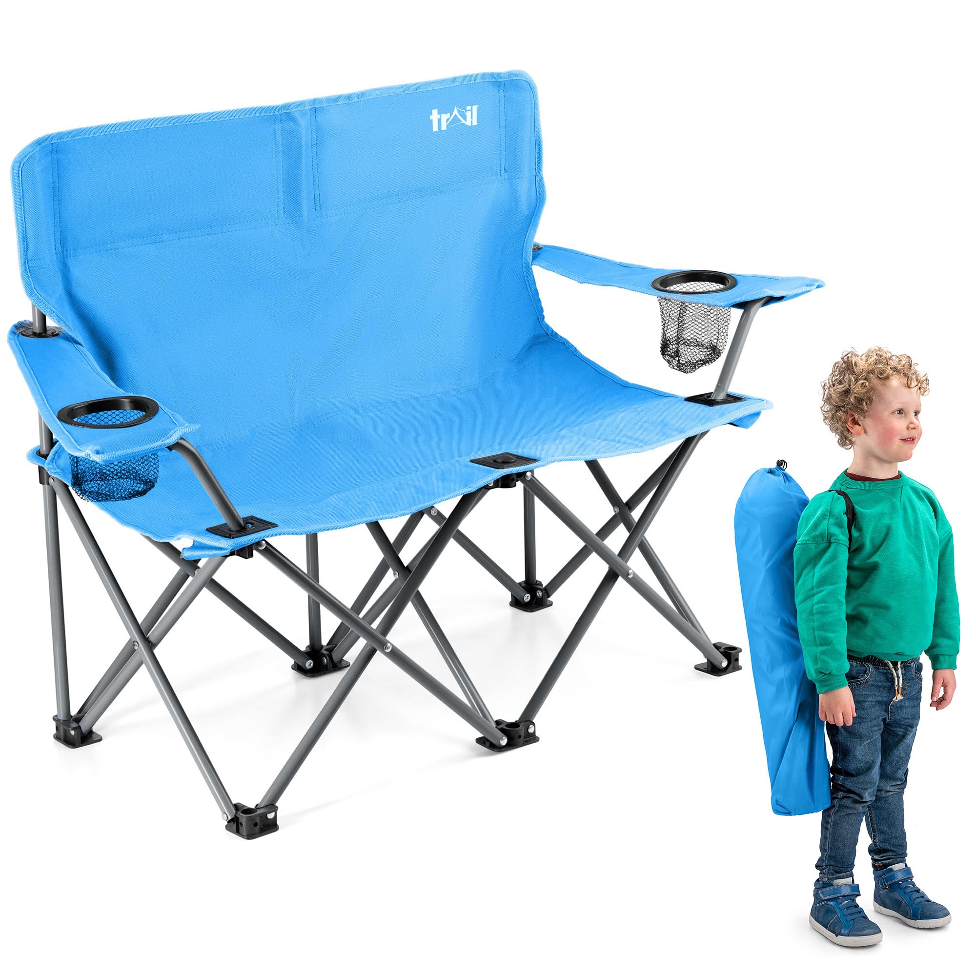 Trail Condor Kids Double Camping Chair, Blue Lightweight Folding 2 Seater with Safety-Locking Steel Frame, Water-Resistant 600D Seat with Cup Holders, 30cm Seat Height, Carry Bag Included (Ages 2-6)