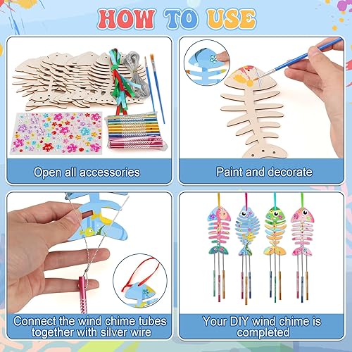 Miniatura 3 de Beria Kits de campanillas de viento para niños, paquete de 12, haz tu propio carillón de viento de pescado, manualidades de madera para niños,