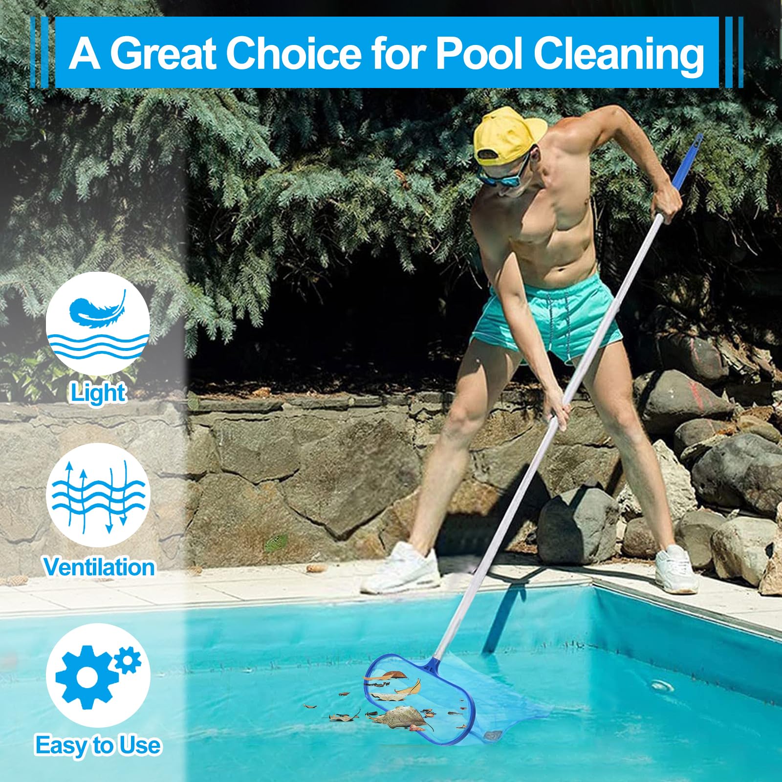 Retino per piscina – Strumento di pulizia della piscina, rete a maglia fine | Skimmer per foglie con telescopico da 43,2 a 104,1 cm, design regolabile a cinque sezioni, forniture per la
