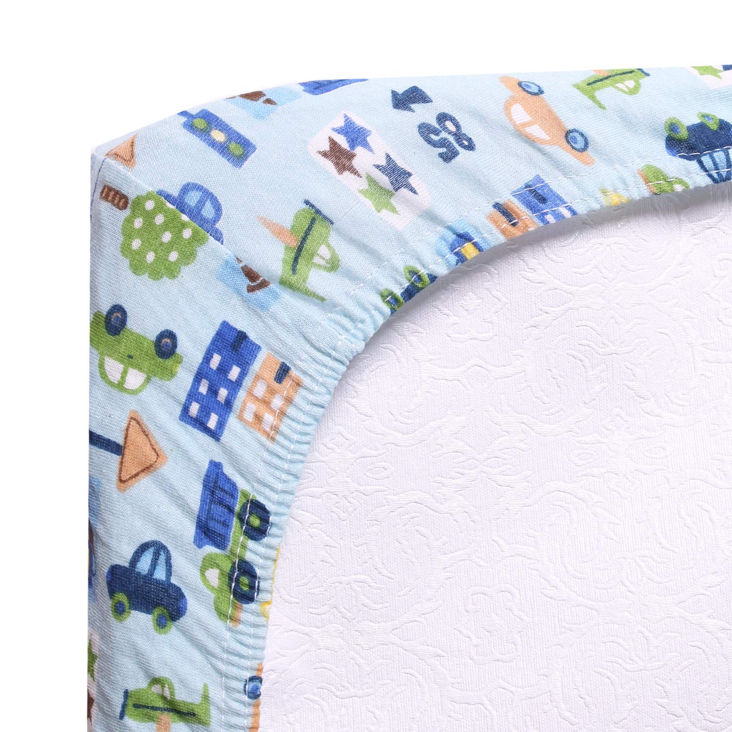 Sábana Bajera Ajustable para minicuna, para cunas portátiles o minicunas, se Adapta a colchones de hasta 3 Pulgadas de Profundidad, Tejida, 100% algodón, patrón de Coches de tráfico, Color