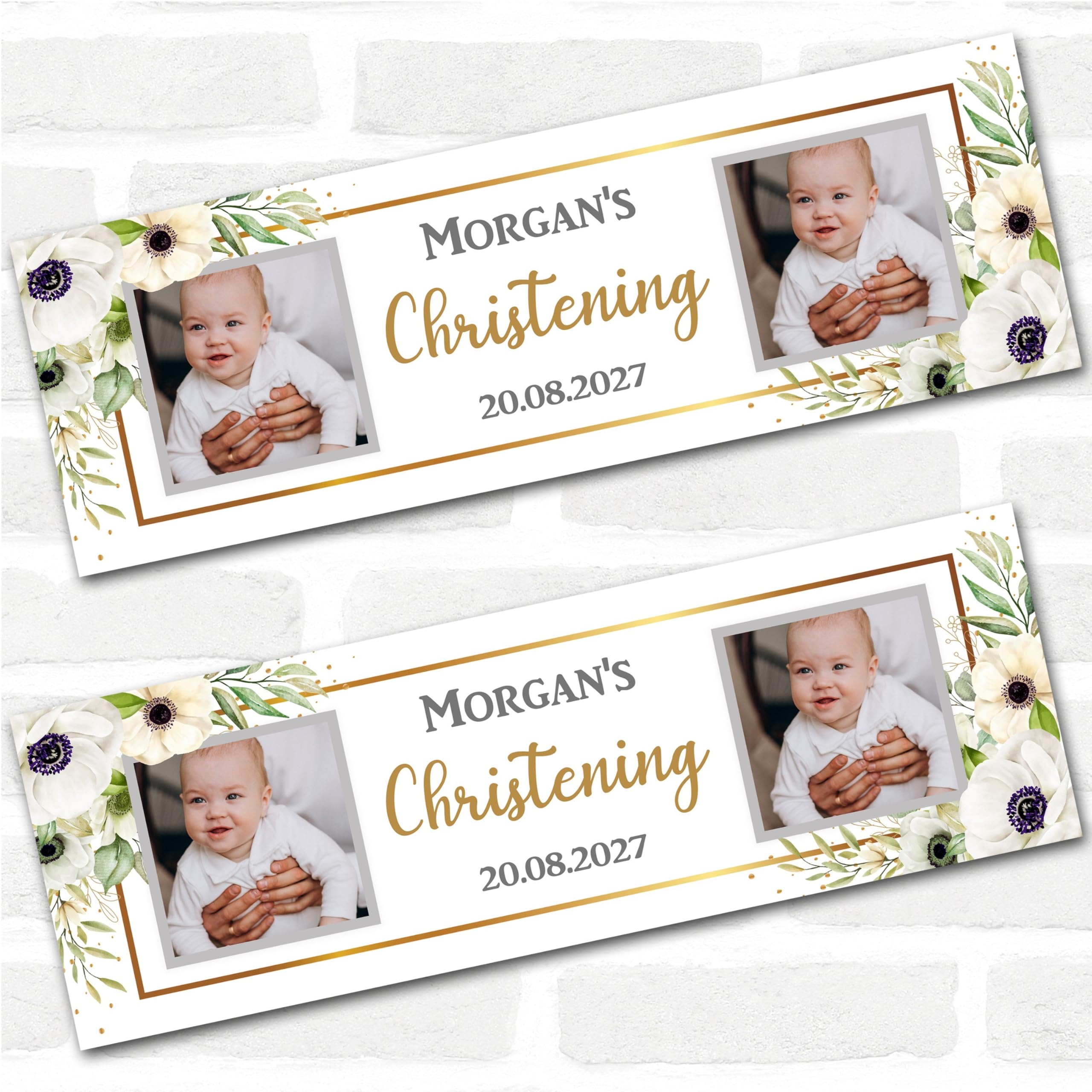 Personalised Party Banner For Christening Photo White Flowers Gold | Custom Large Party Decoration, Event Banner, Backdrop, Décor, Signage. 3 ft x 1 ft | 4.5 ft x 1.5 ft | 6 ft x 2 ft