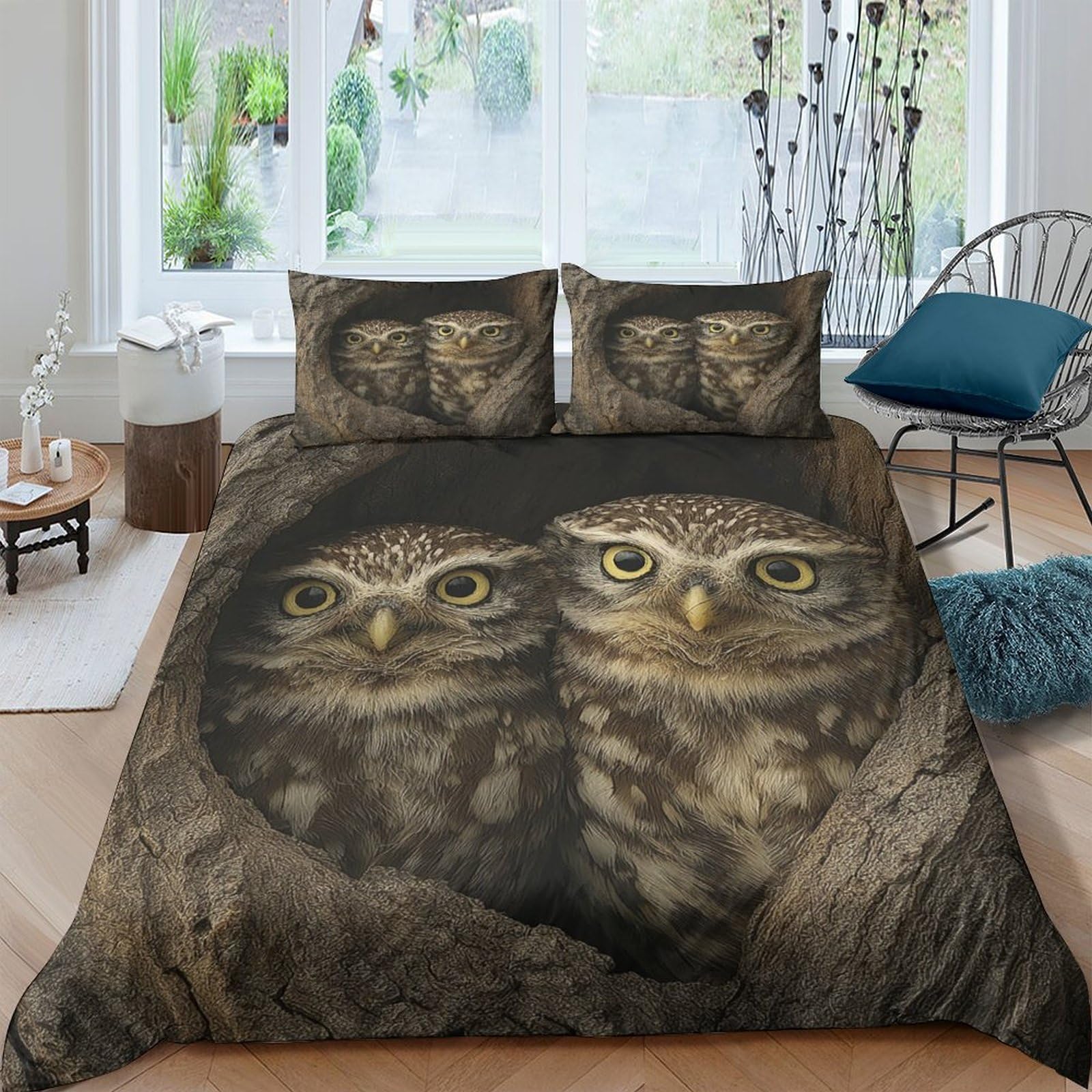 GPLZQXKJNH 3D Printed Owl Forest Duvet Cover Microfiber Soft Breathable Night Birds Bedding Set with 2 Pillowcases for Bedroom Decor Single（135x200cm）