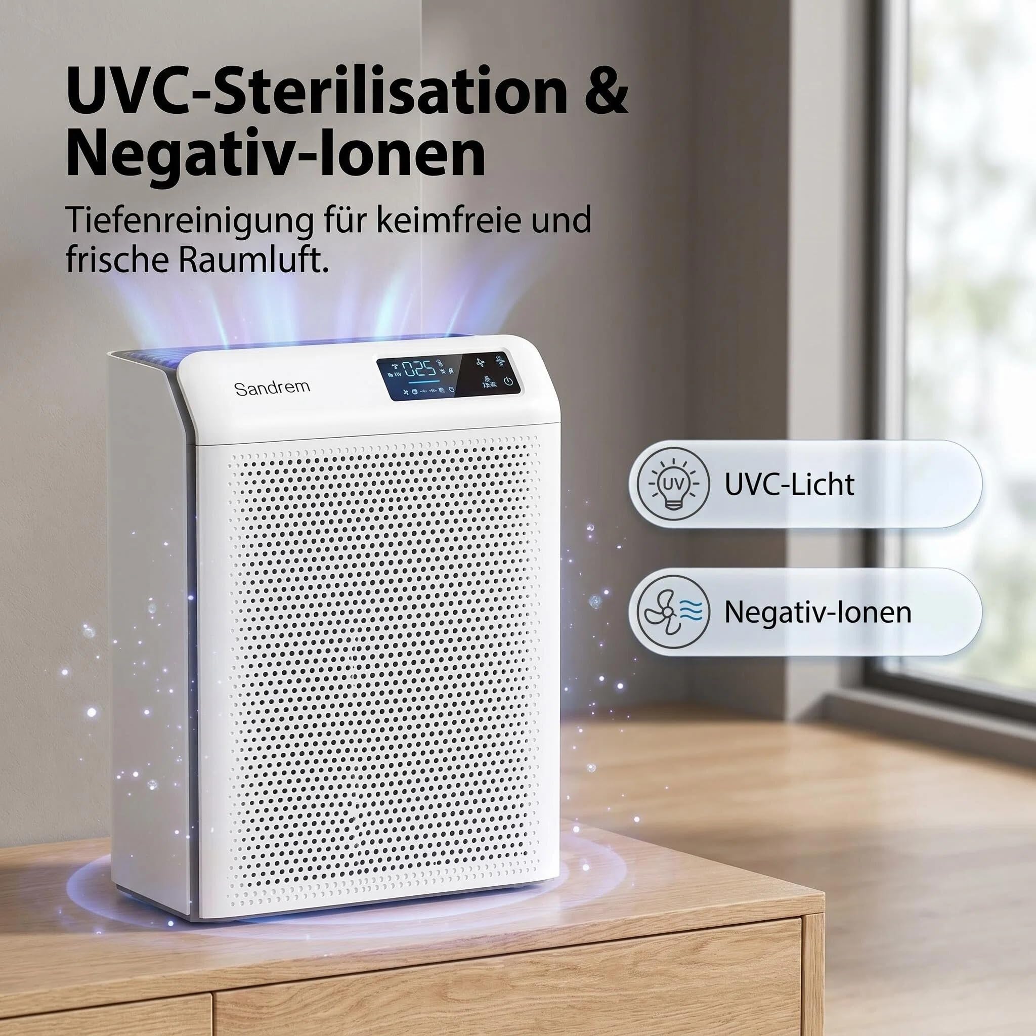 Luftreiniger für Allergiker, CADR 300 m³/h mit H13 HEPA Filter gegen Pollen, Staub, Tierhaare & Gerüche, Luftqualitätssensor mit Automatikmodus, Smart APP, Ionisator & UV-C für Schlafzimmer
