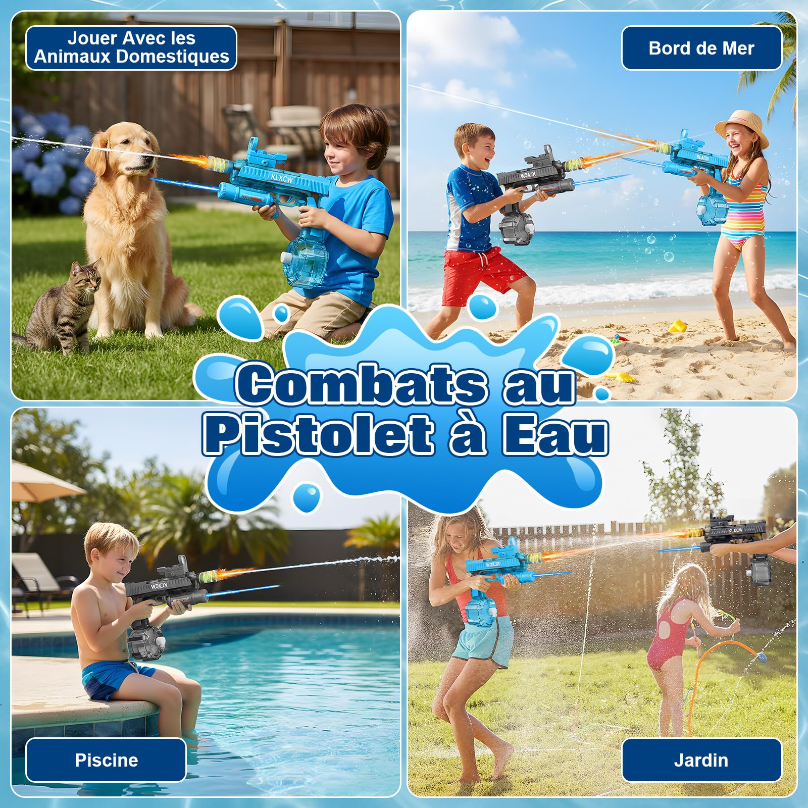 IEEILULU Pistolet à Eau Electrique, Electric Water Gun avec Lumière, Pistolet a Eau Electrique Puissant 750 ML, Idéal pour Les Jeux de Tir au Pistolet à Eau en Plein Air Shouzimudax (Bleu-Noir)