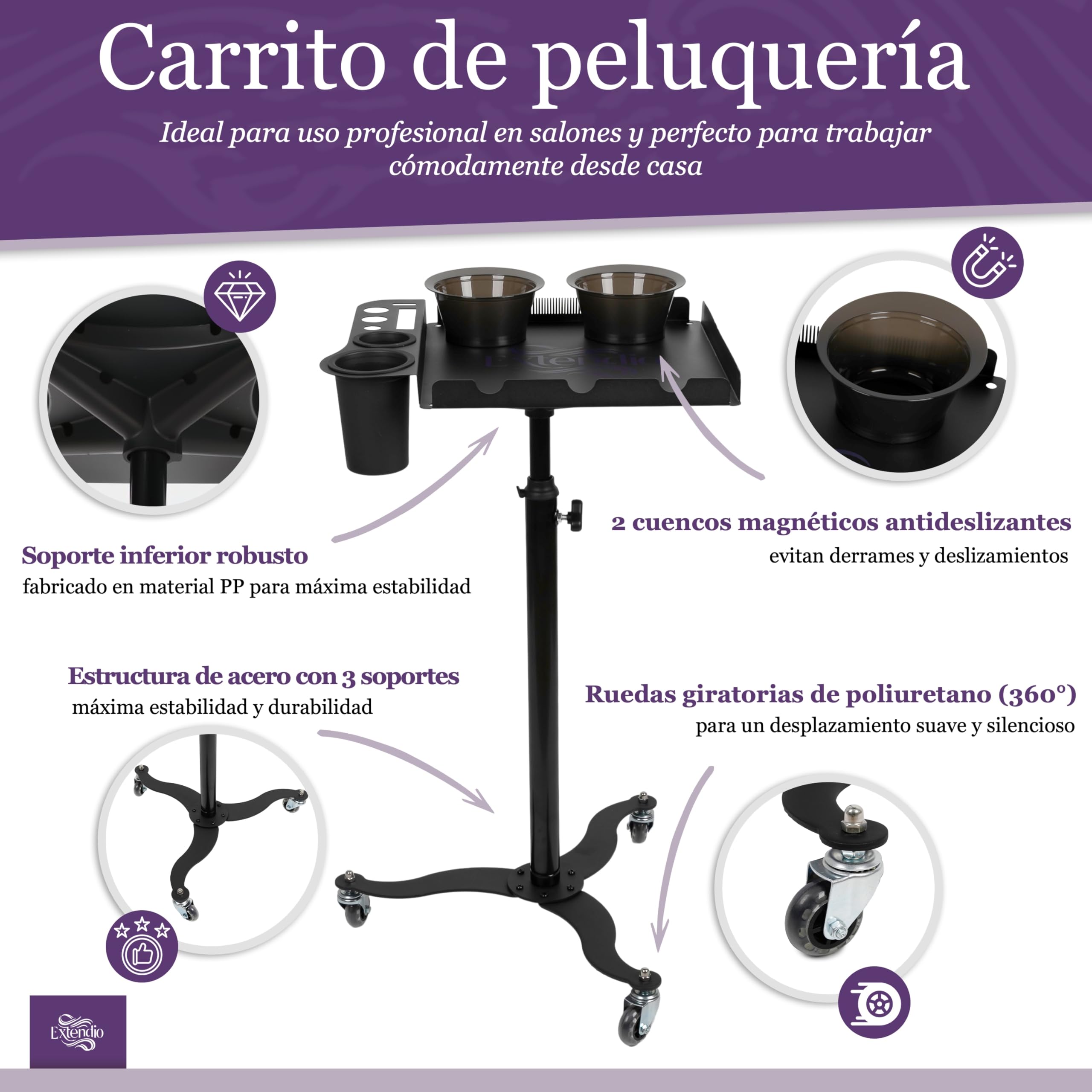 Carrito de peluquería Profesional – móvil y Ajustable en Altura. Bandejas Resistentes al Calor, Cuencos magnéticos y Soporte para Extensiones – Ideal para Salones de Belleza y estilistas móviles