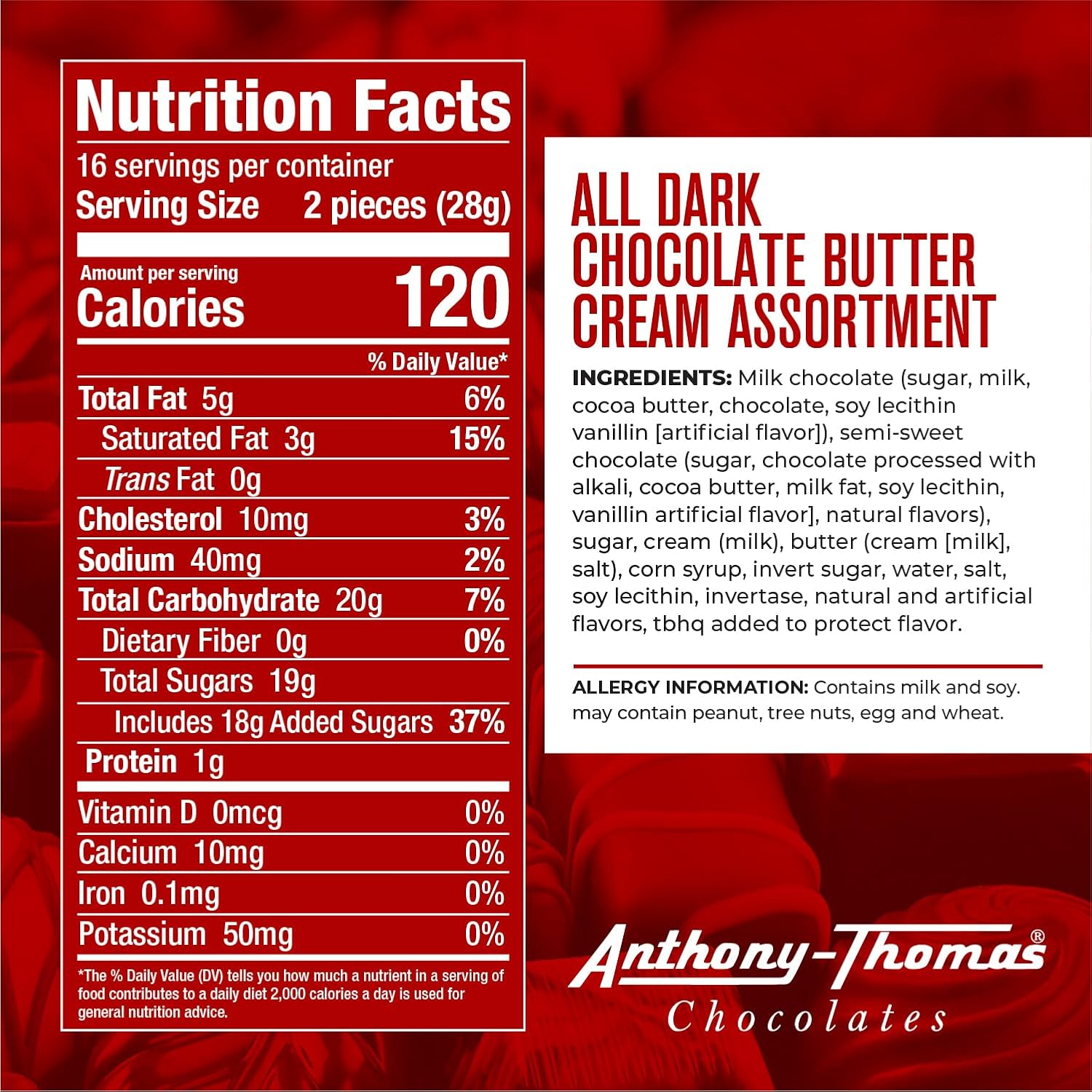 Anthony Thomas Butter Creams, Luscious Vanilla Butter Cream Made with Real Cream and Butter, Drenched in Chocolate (32 pieces, Dark Chocolate)