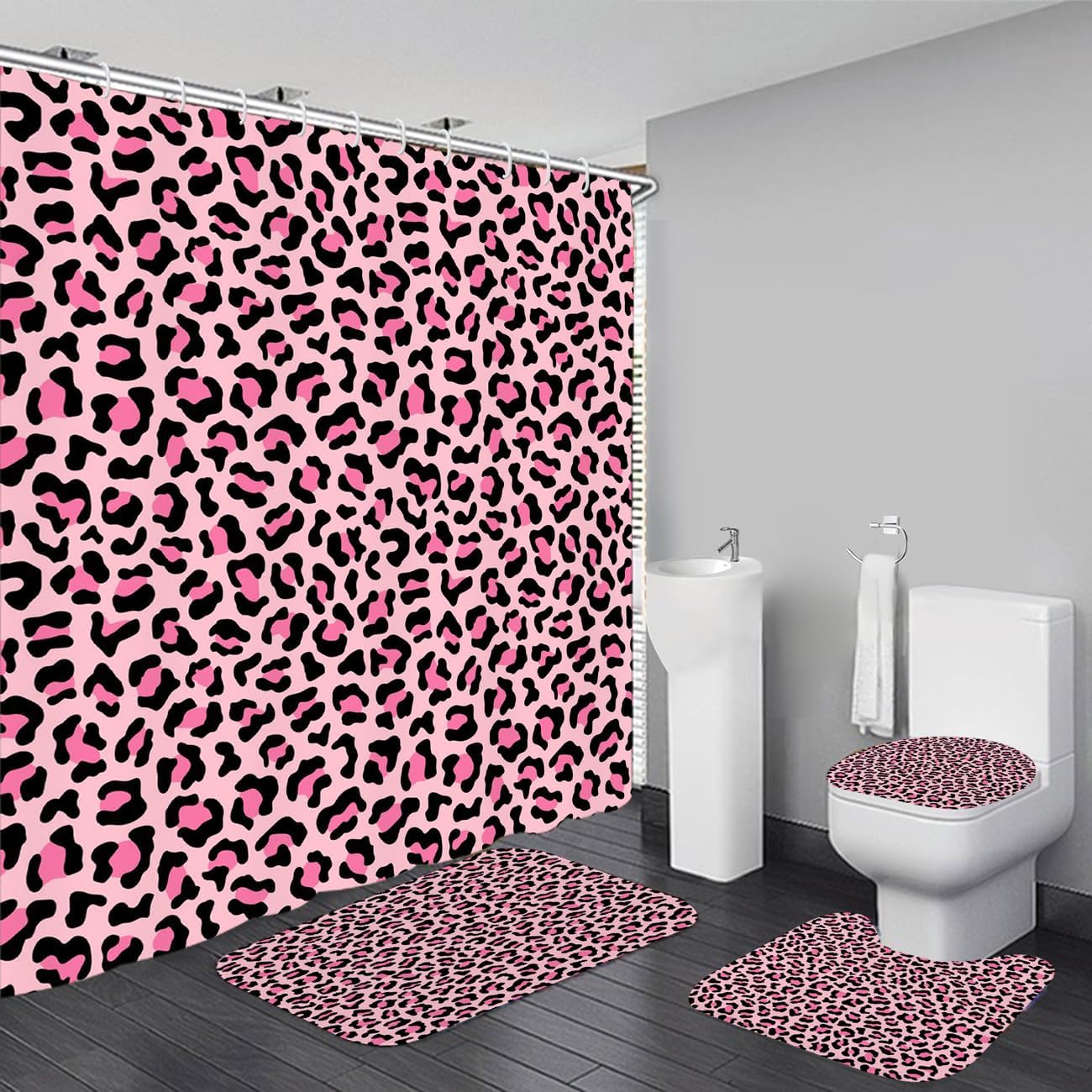4 PCS Leopard Shower Curtain Cheetah Print Shower Curtain Sets Non Slip Bathroom Rugs Soft Plush Bath Mat Toilet Lid Cover Animal Print Shower Curtains with 12 Hooks for Bathroom Tub, Pink