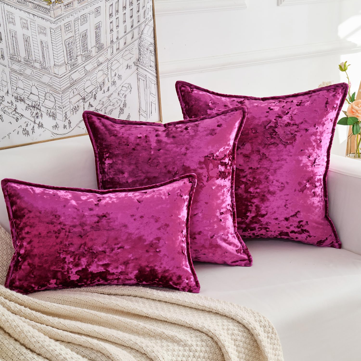 Yonous Premium Series, Crushed Velvet Cushion Covers, Luxury Thick Throw Pillow for Home Decor Hot Pink, 18 x 18 Inch / 45 x 45 cm
