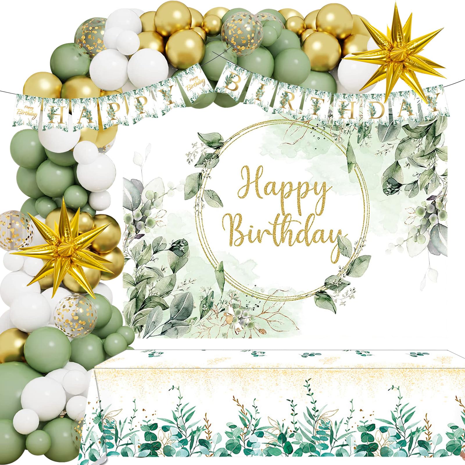 Sage Green Birthday Party Decorations, 172PCS Happy Birthday Party Supplies Including Backdrop, Balloon Arch/ Garland Kit, Tabblecloth, Banner for Men Women