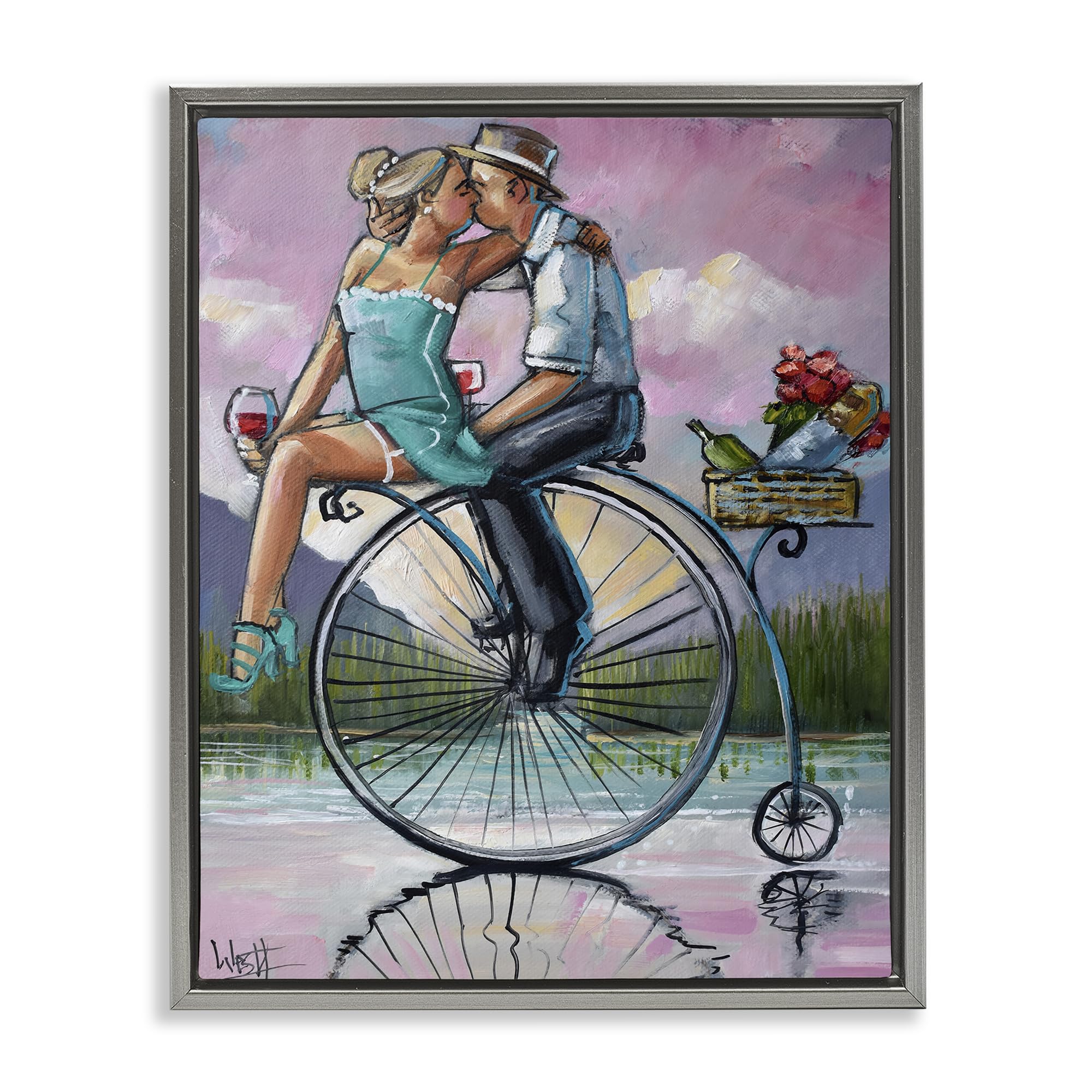Stupell Industries Romantic Picnic Bicycle Couple 'Romantic Picnic On Bicycle', Floating Frame Canvas Art, Gray, 17 X 21 Inches, Easy To Hang And Sturdy, Made In Usa, By Ronald West
