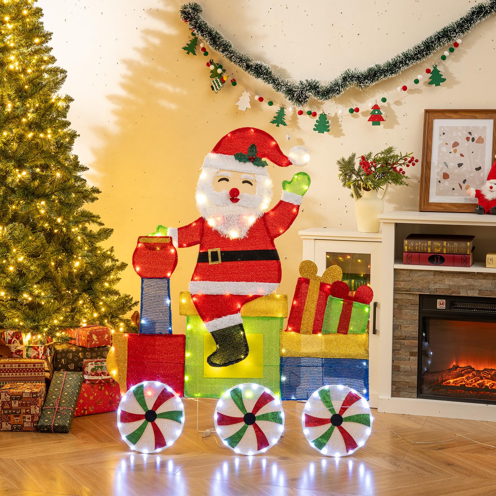 GOPLUS Decoración Navideña Exterior con Papá Noel en Tren y 133 Luces LED