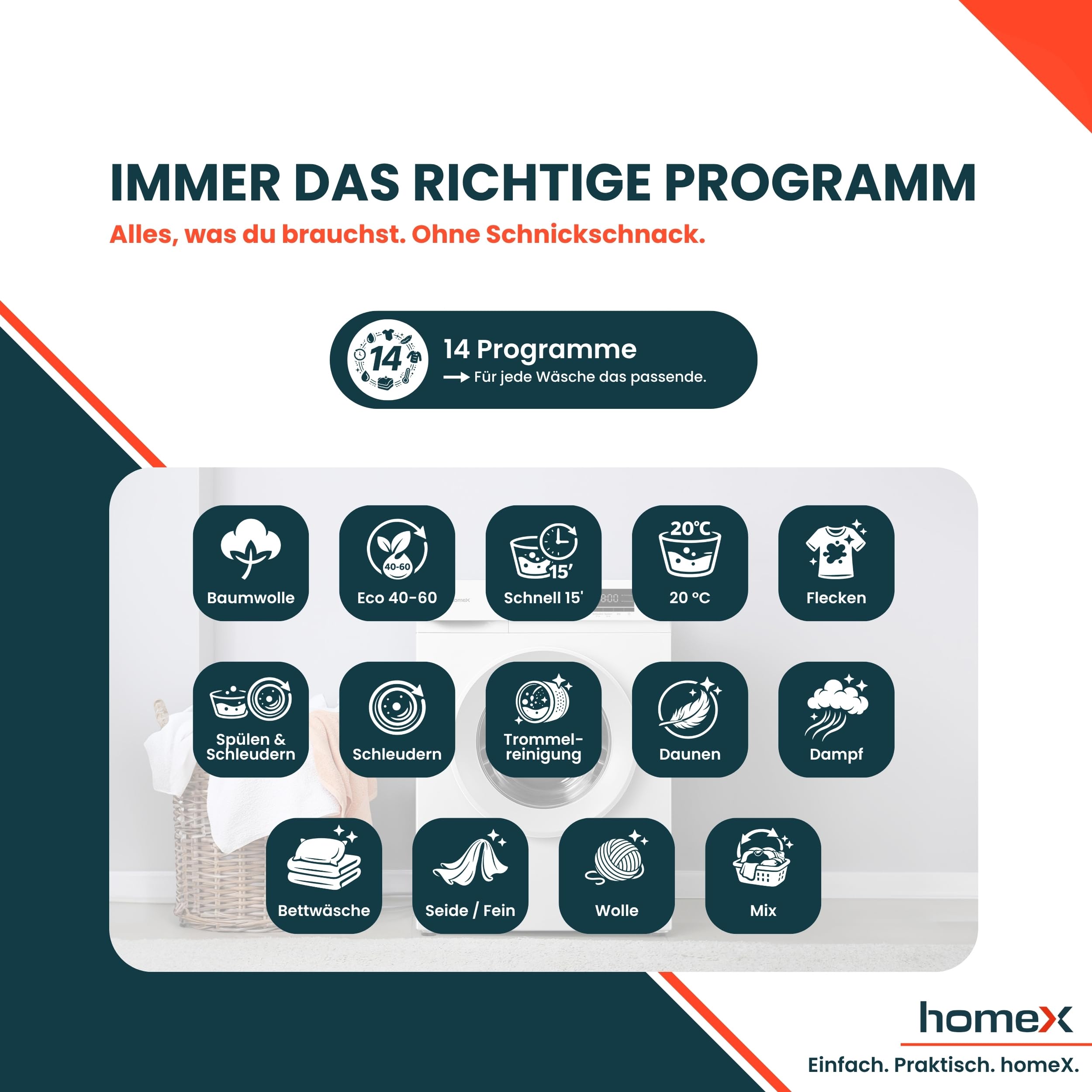 homeX Waschmaschine 6kg Frontlader 1000 U/Min Energieklasse A AquaStop Inverter Motor 14 Programme 74 dB 39 cm Tiefe 90°C weiß WF610K1A-W