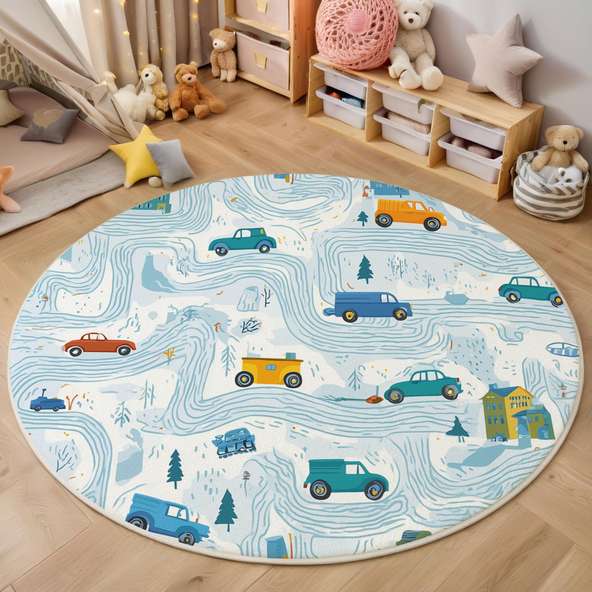 Tapis de salon rond 160cm antidérapant et doux motif camions