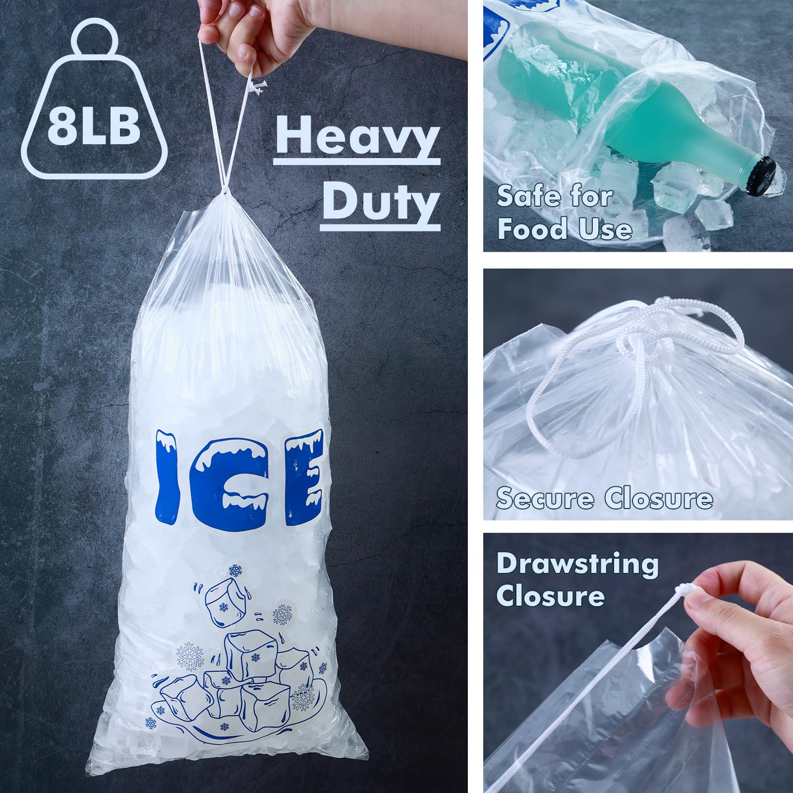 8 lb Ice Bags with Drawstrings 11 in x 18 in x 1.4 mil Case