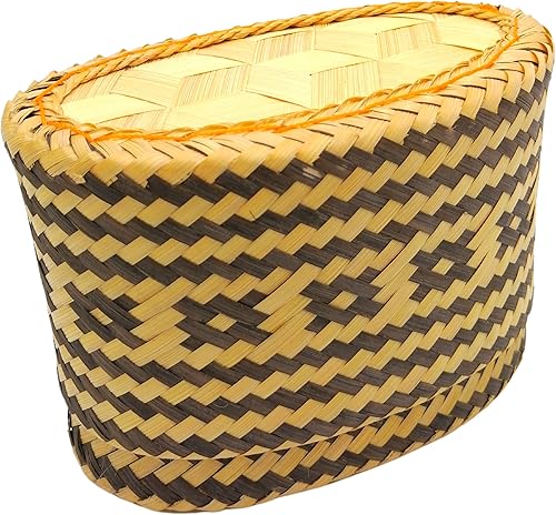 Cesta adhesiva de bambú para servir arroz de 6 x 3.7 pulgadas, kratip, recipiente tejido intrincadamente, patrón ovalado, hecho a mano, teñido con