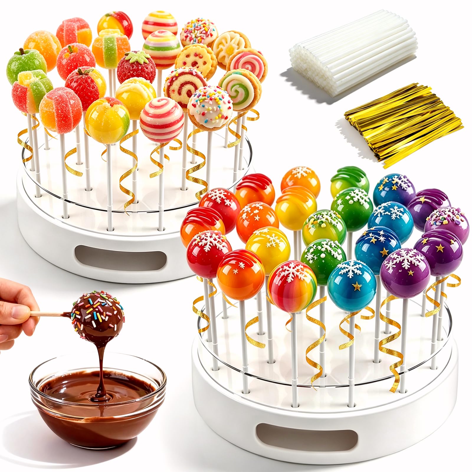 2 Stück Cake Pop Ständer, 22 Löcher Transparent Acryl Lollipop-Halter mit 100 Cake Pop Stiele und 100 Twist Krawatten, Lolly Ständer Candy Bar für Hochzeit Geburtstag Party Deko