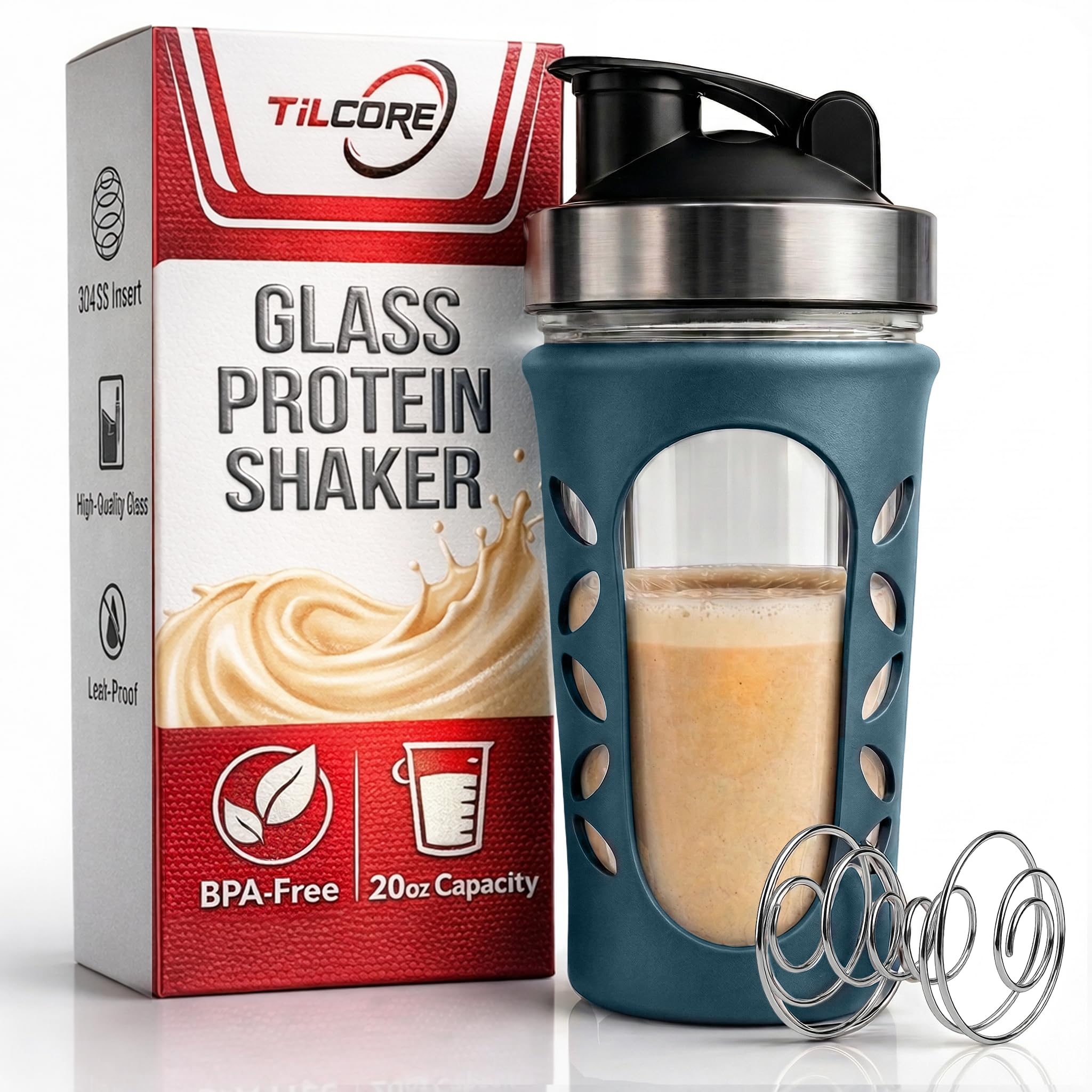 Tilcore Glass Protein Shaker Bottle 635ml/20oz: BPA-Free Shaker for Protein Shakes, Leakproof Smoothie Bottle, Sports Supplements Shakers, Dark Blue