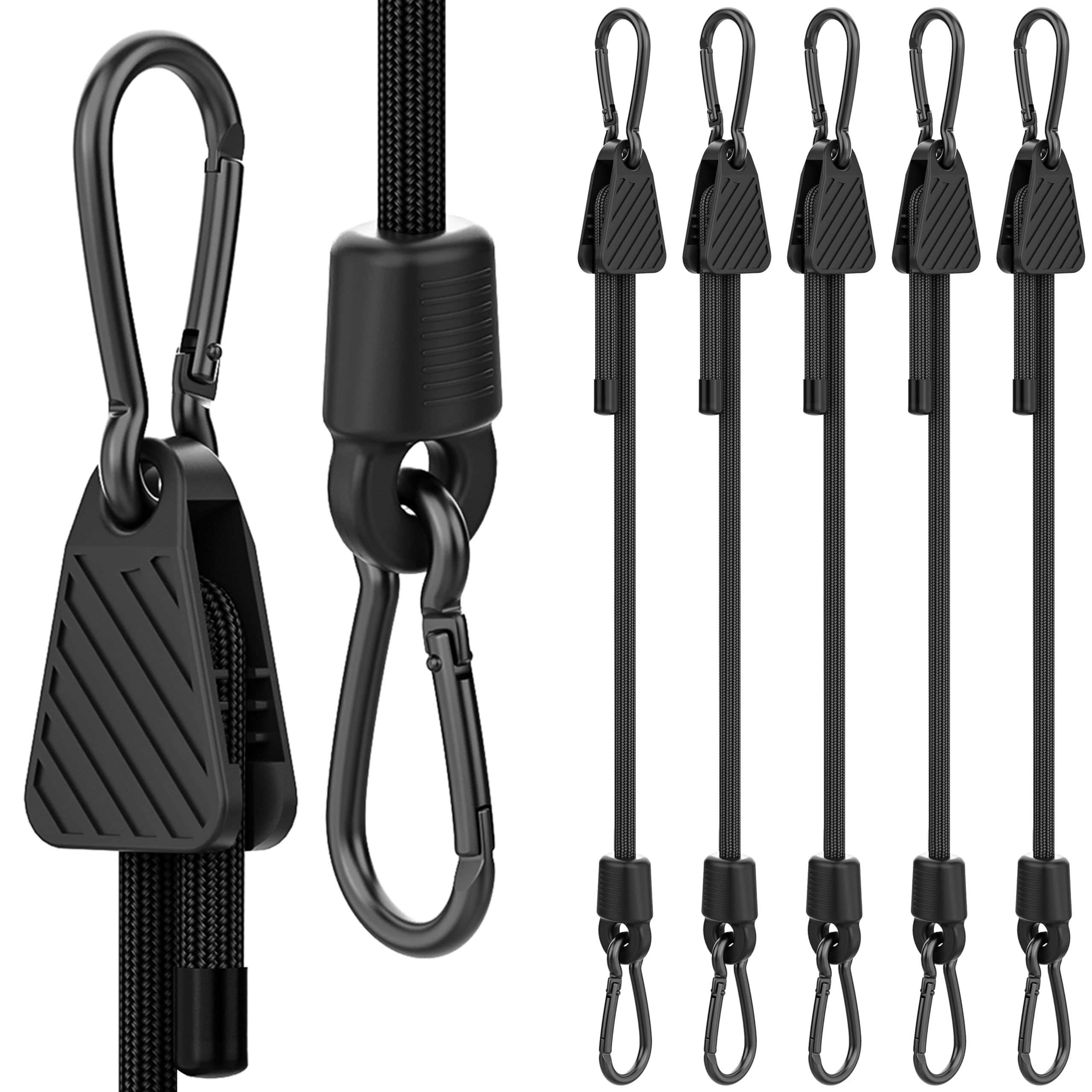 Adjustable Bungee Cords, 245cm Heavy Duty Bungee Cord with Carabiner Clips Outdoor, Easy Adjust Length Black Elastic Tie Downs Ropes with Hooks On Both Ends for Bike Rack, Tarpaulin, Garden, 6 Pack