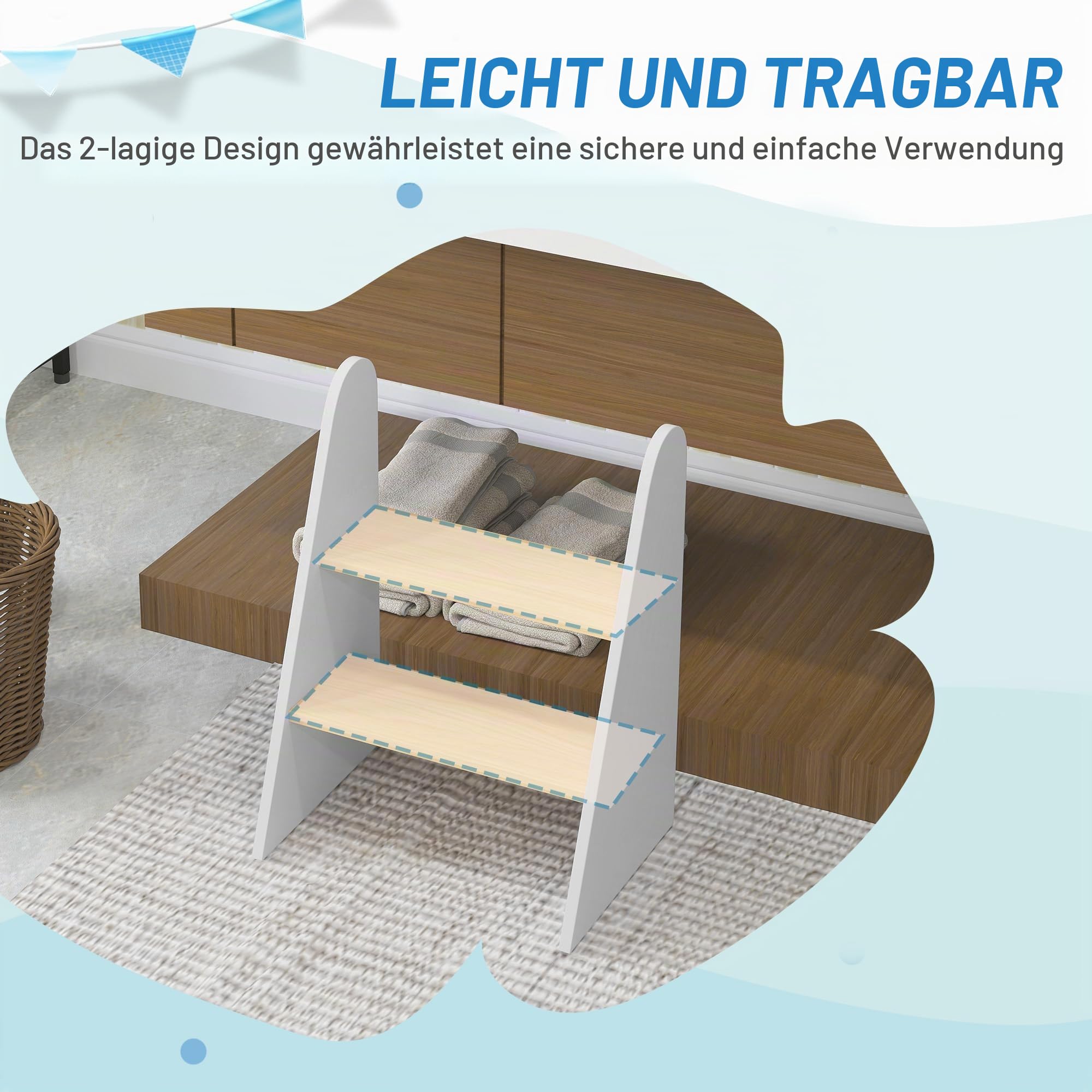 AIYAPLAY 2-Stufen Hocker 3-8 Jahre 20kg Weißholz