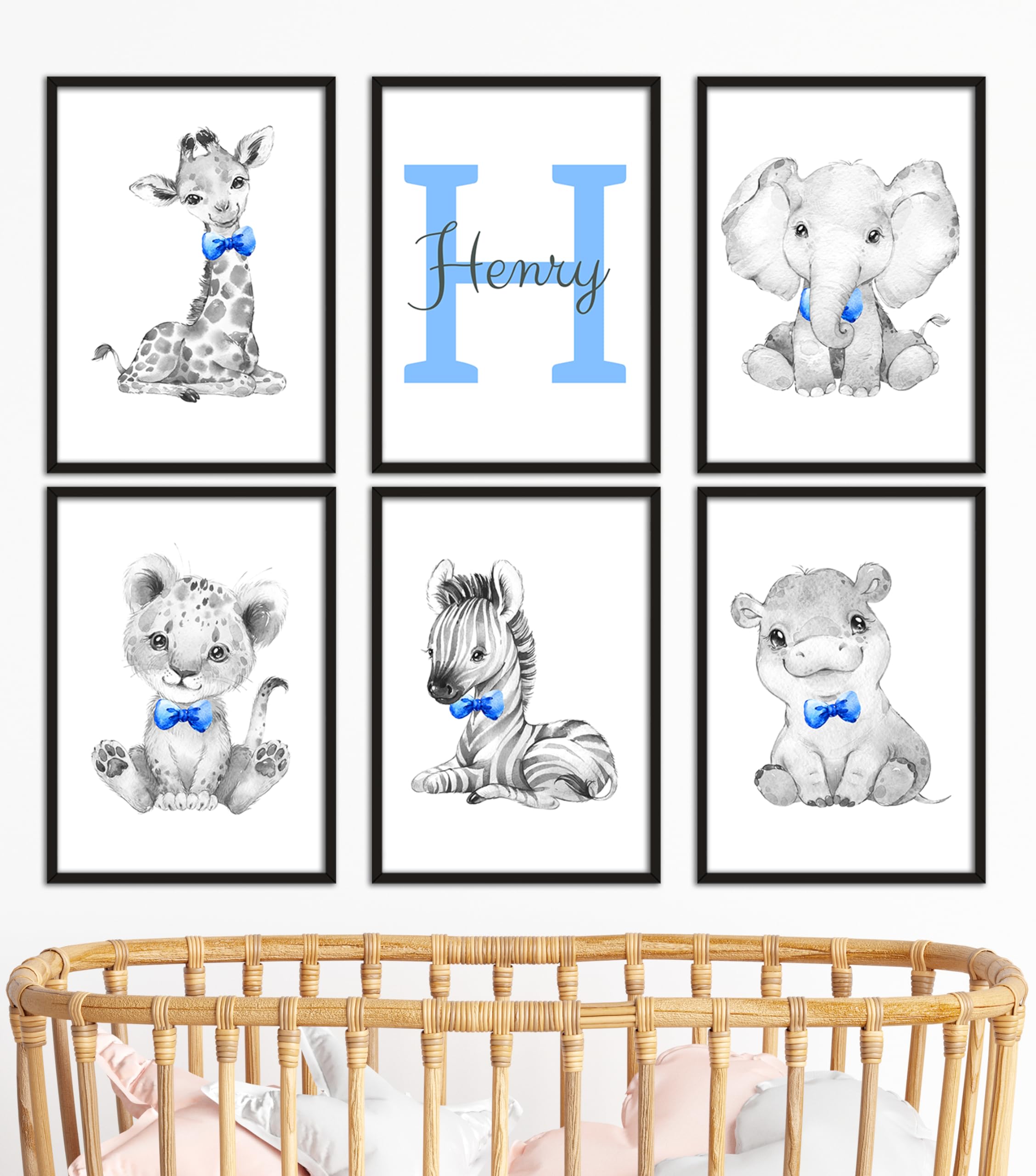 Eviepops Prints Safari Animals Boys Nursery Bedroom Unframed Set of 6 Poster Prints, Personalised Name Grey Blue Green Yellow Bow Ties, New Baby Gift, Giraffe Elephant Lion Zebra Hippo (A5) โ image 1