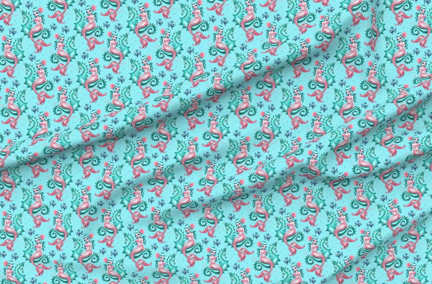 Spoonflower Fabric - Mermaid Blue Small Vintage Retro Mermaids Seahorse Nautical Sea Printed on Minky Fabric by The Yard - Sewing Baby Blankets Quilt Backing Plush