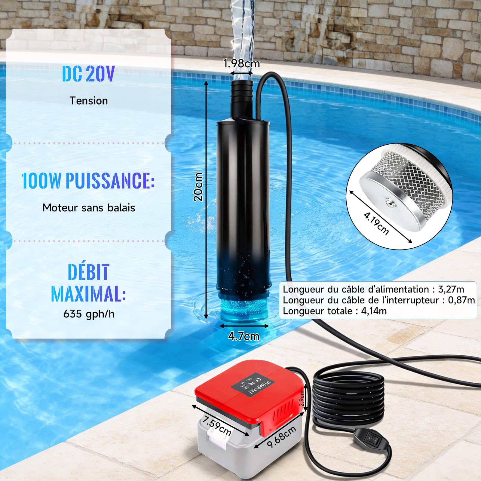 Pompe Submersible Compatible avec Einhell 18V Batterie,120W, 12V, 30 L/min Mini Pompe à Eau, Pompe de Jardin Portable de 4,5 m pour Récupérateur d'Eau de Pluie, Bassin, Arrosage (Batterie Non Incluse)