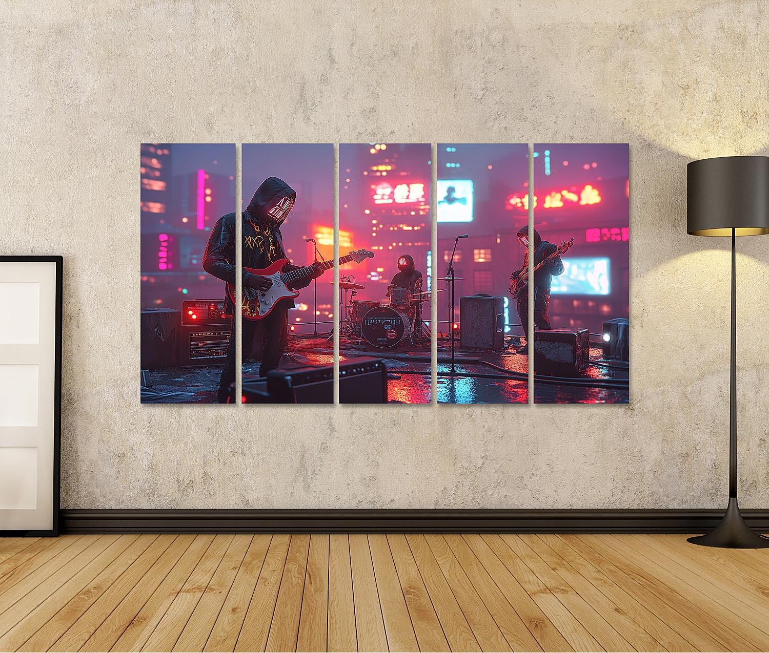 islandburner Quadro su tela con luce al neon rock band in città futuristica per soggiorno, amanti della musica, negozio di musica, immagini da parete