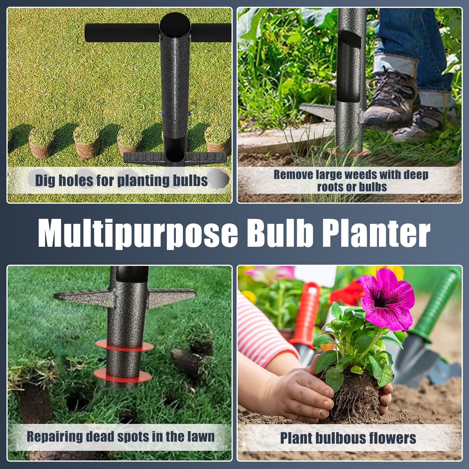 Herramienta para plantar bulbos, 33.5 pulgadas de largo, para cavar hoyos, herramientas de metal resistentes para jardinería, para plantar o desherbar bulbos de flores de primavera,