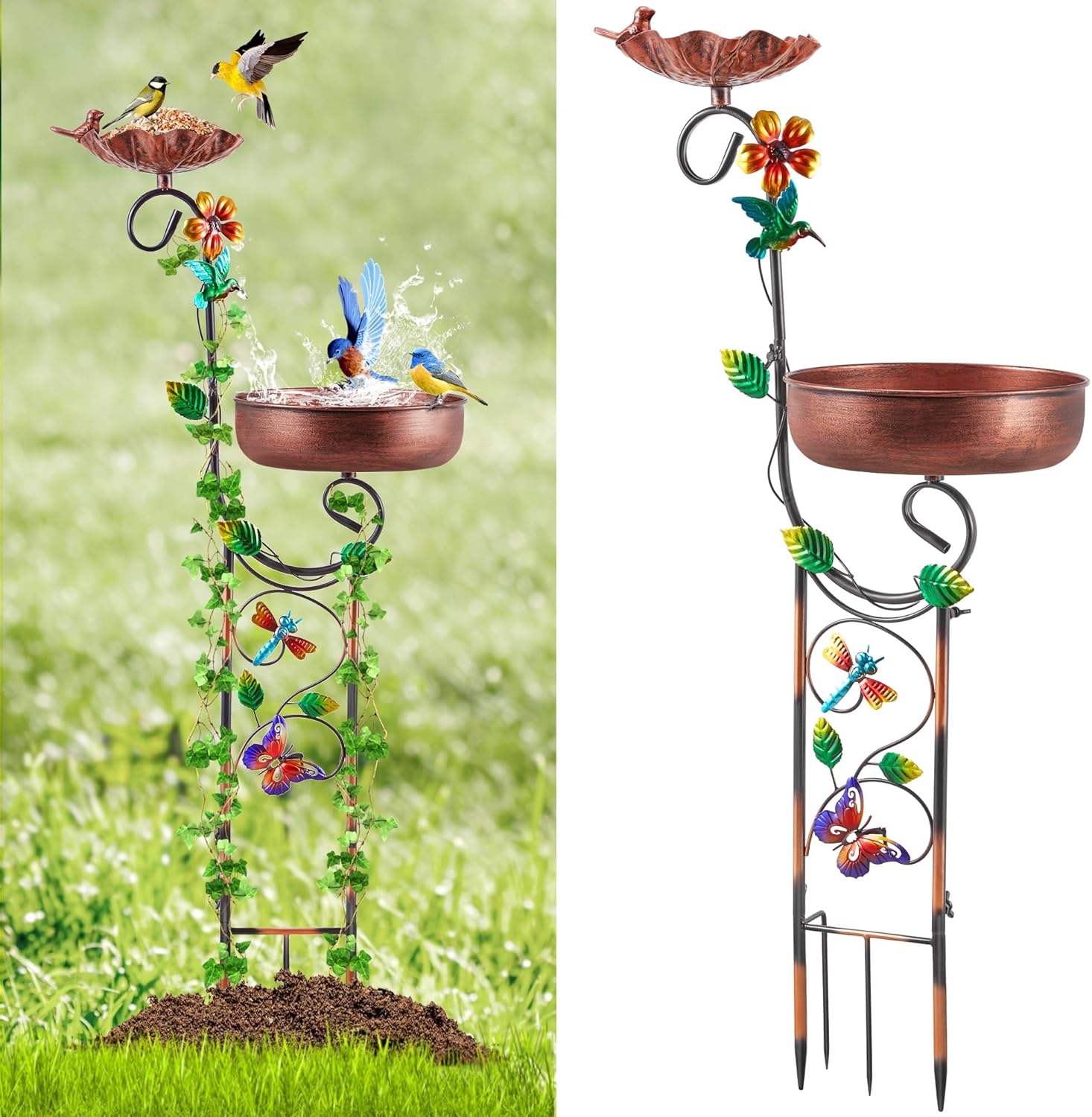 2 In 1 Bird Bath for Outside, Free Standing Large Metal Bird Baths Bowls & Bird Feeder Combo for Outdoors Garden Yard Lawn Decor, Vintage Wild Birdbaths Stand for Hummingbird, Copper