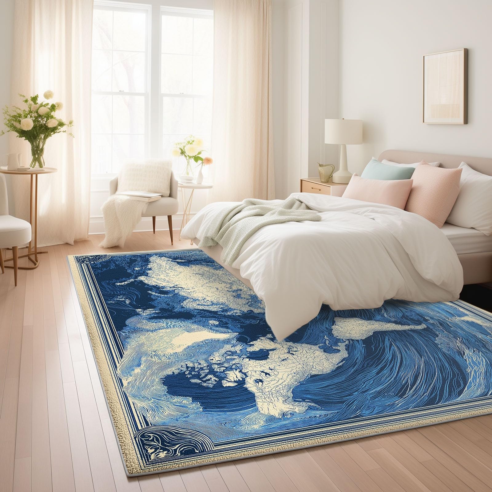 Générique Tapis Salon Affiche Rétro Carte du Monavec Vagues L'Océan 90 x 150 cm Tapis Chambre Impression 3D Moderne, Bleu Moquette Antidérapant Lavable Machine, pour Salon Salle à Manger Bureau
